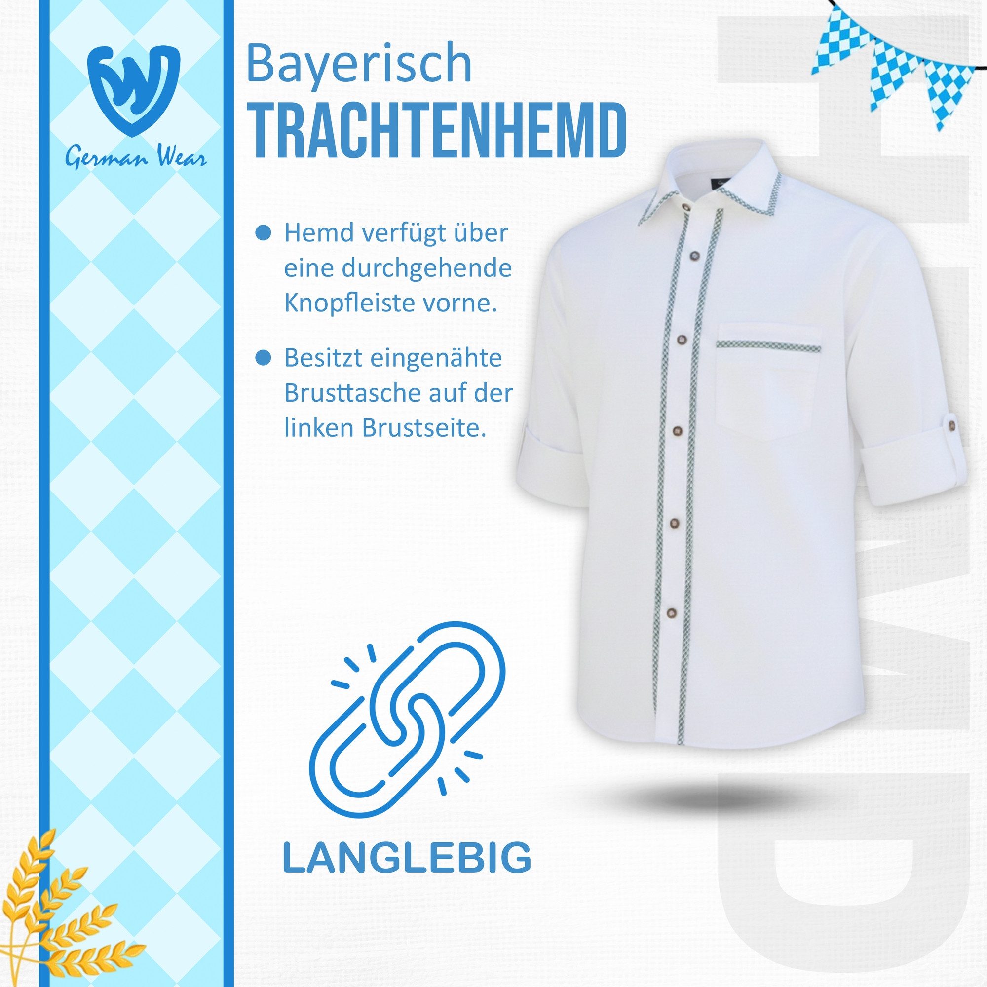 German Wear Trachtenhemd GW1254 White/Green Trachtenhemd Freizeit Hemd Weiß