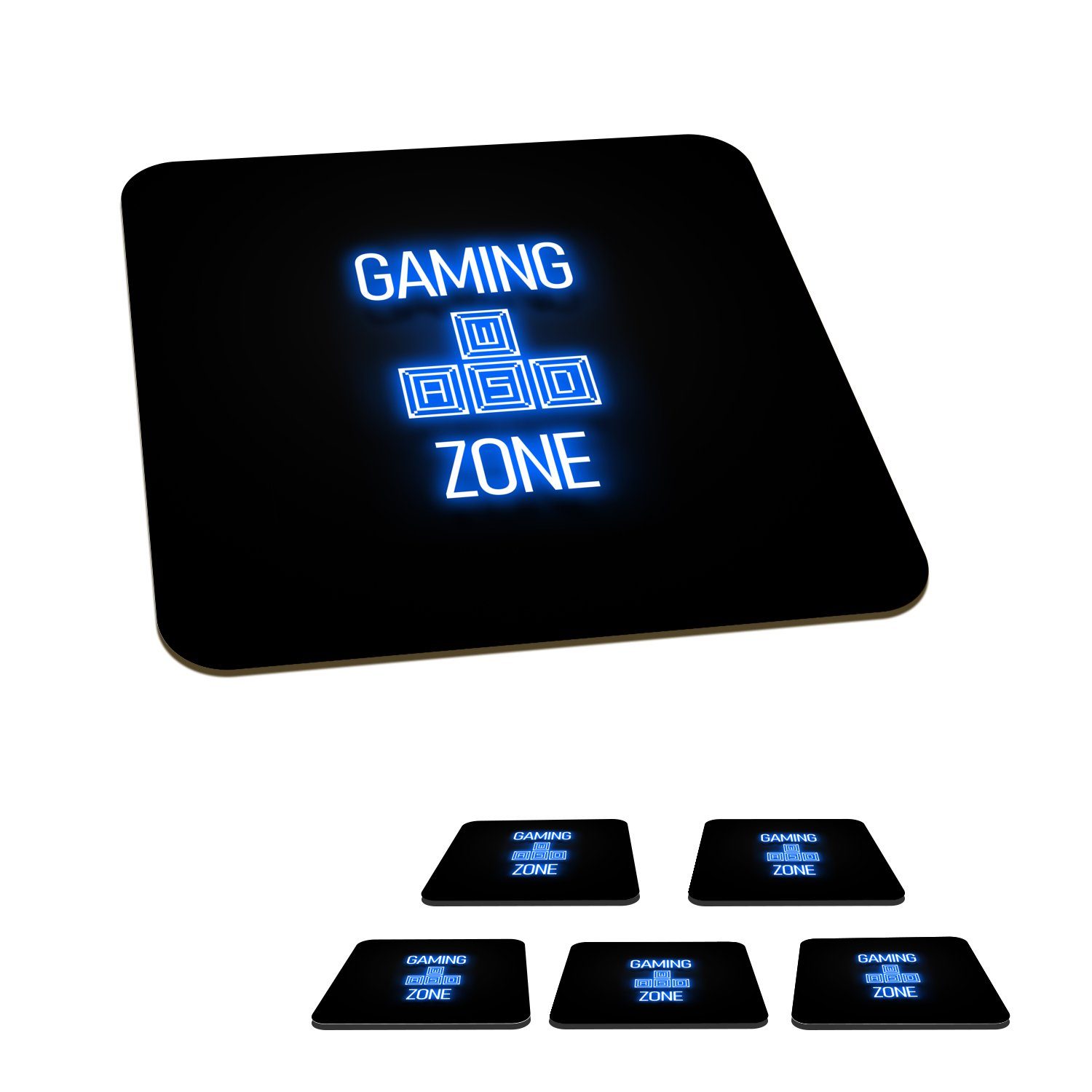 MuchoWow Glasuntersetzer Spiele - Text - Spielzone - Neon - Blau, Zubehör für Gläser, 6-tlg., Glasuntersetzer, Tischuntersetzer, Korkuntersetzer, Untersetzer, Tasse