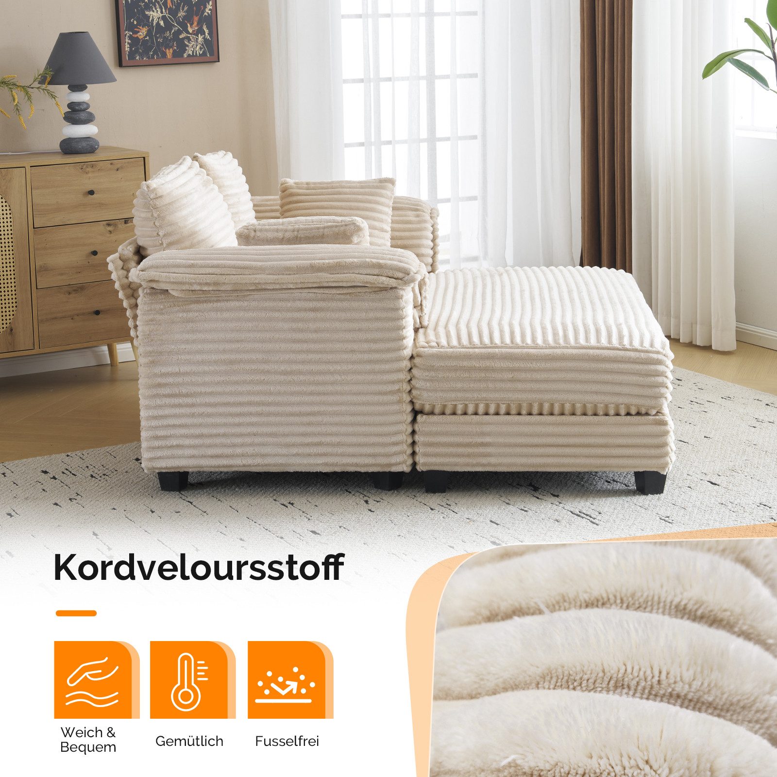 VINGLI Chaiselongue 2-Sitzer Cord Schlafsofa, Breite 142cm, Loungesofa mit Schlaffsunktion, Großer Chaiselongue-Sessel für Wohnzimmer, Schlafzimmer oder Büro – Bild 4 von 5