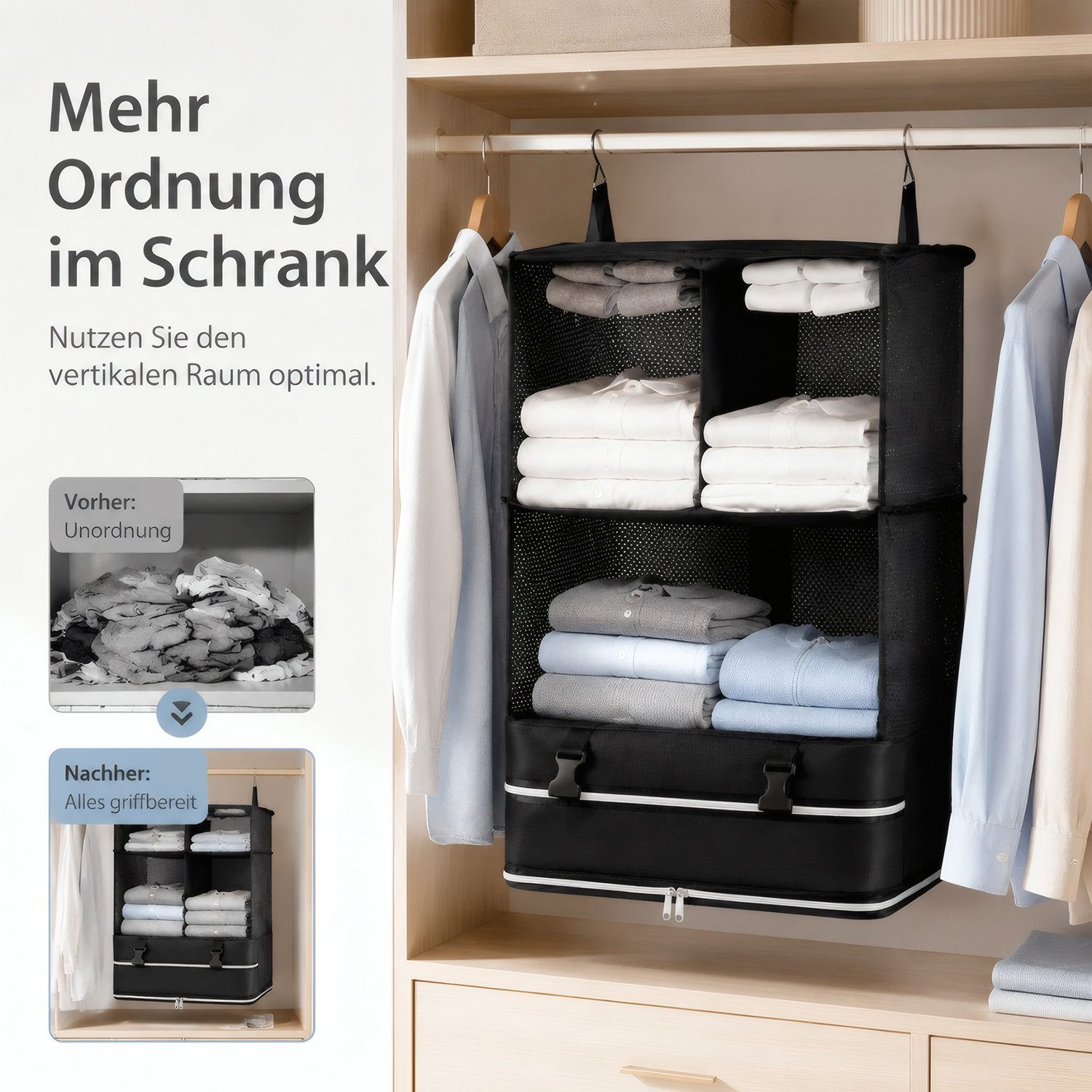 HEYHIPPO Kofferorganizer Hängende Kleideraufbewahrung 3 Ebenen, 43×29×50cm, Reißverschlussfach (Packung, Reise-Kleideraufbewahrung faltbar, für Schrank, Reise,  – Bild 4 von 5