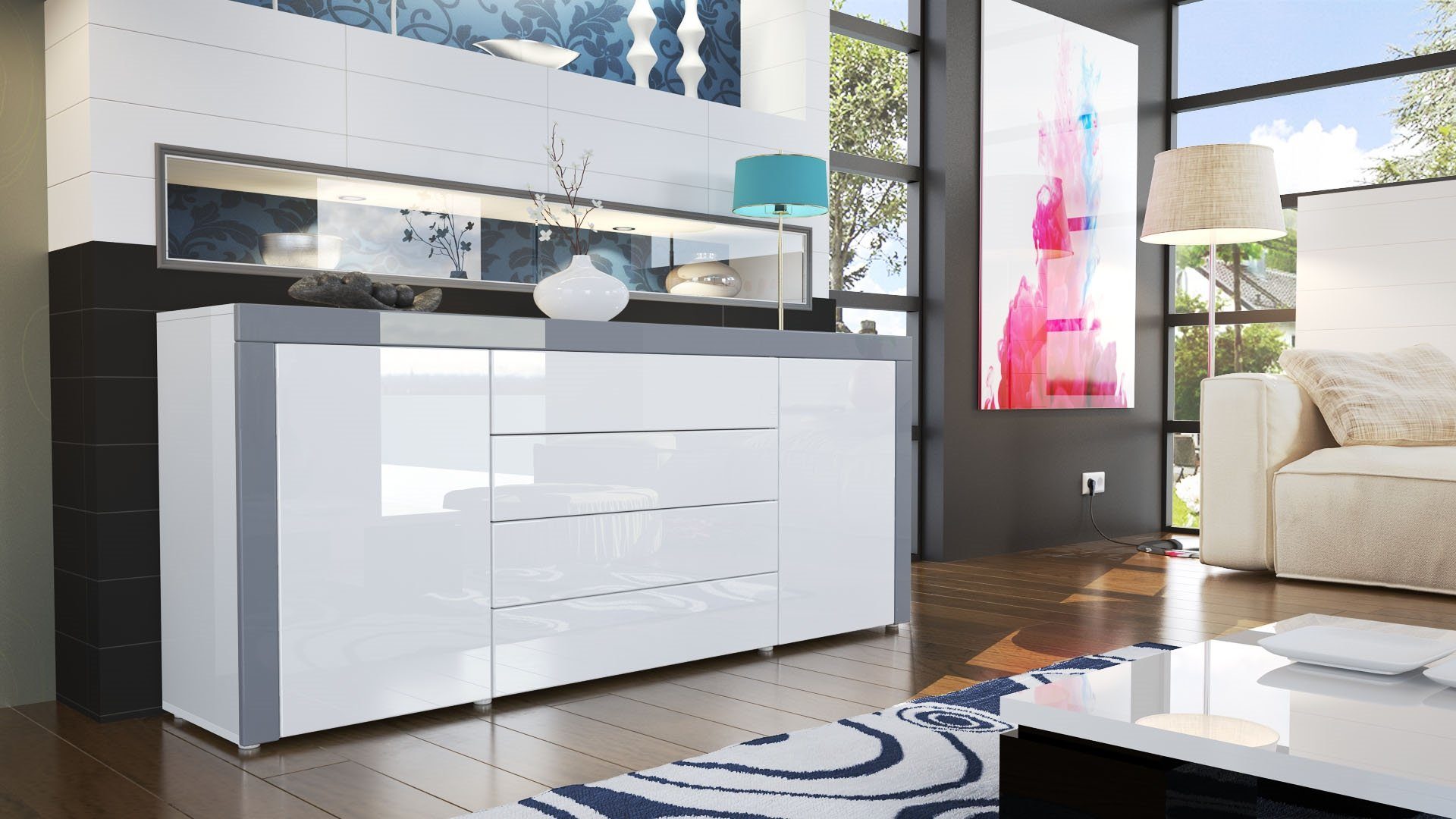 Vladon Sideboard La Paz V1 (Kommode, mit 2 Türen und 4 Schubladen), Weiß Hochglanz / Grau Hochglanz (167 x 72 x 35)