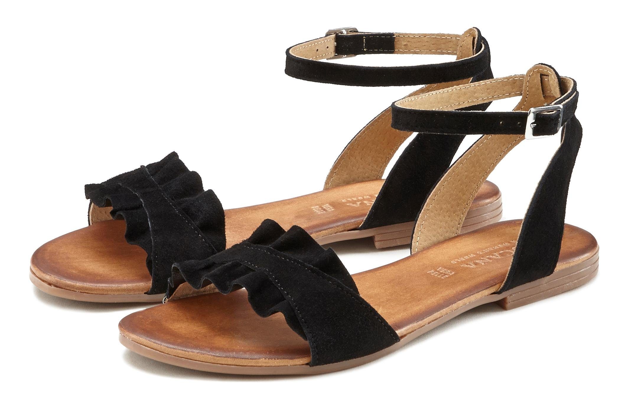Sandalette, hochwertigem Sandale LASCANA Rüschen kleinen Leder schwarz Sommerschuh mit aus