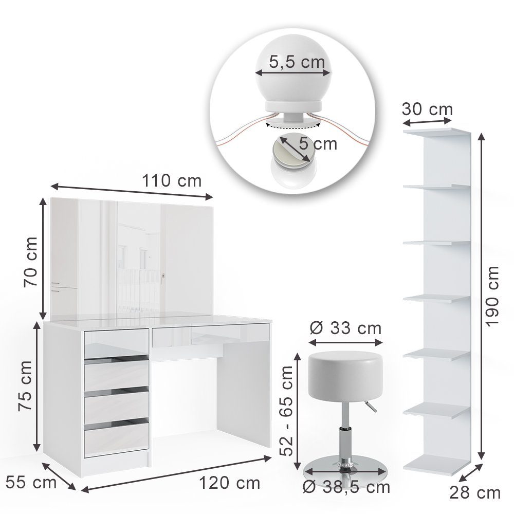 Vicco Schminktisch Sherry, Weiß, 4 Teile, mit Aufbewahrungsregal, Spiegel, Hocker, LED (4-St)