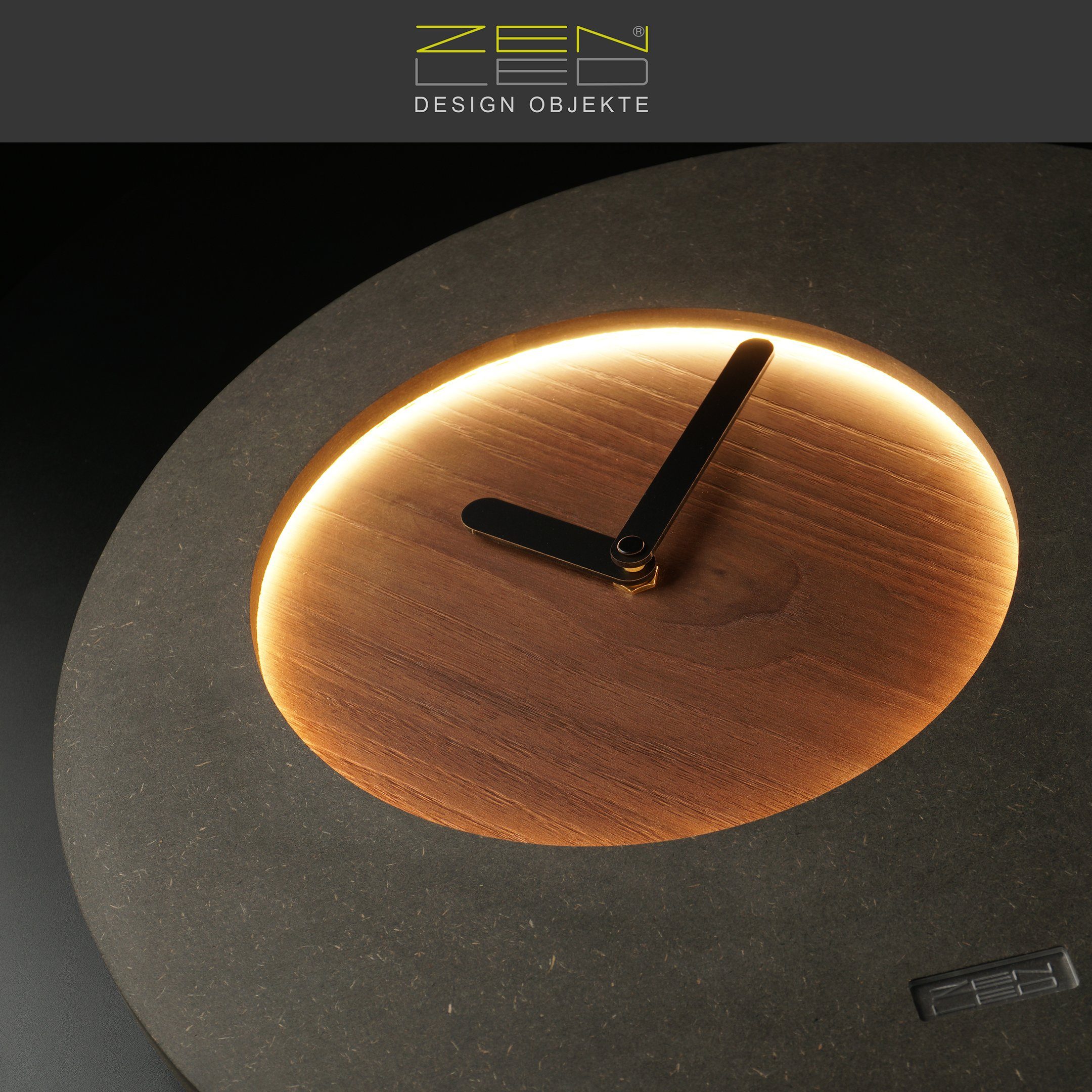 ZENLED Mond Wanduhr 3D-Lichteffekt RUND über Walnuss-Braun warm-weiss LUNA Holz Design mit Ø40cm steuerbaren (ausgeleuchtet Wandobjekt Holz Deko Fernbedienung) - mit LEDs