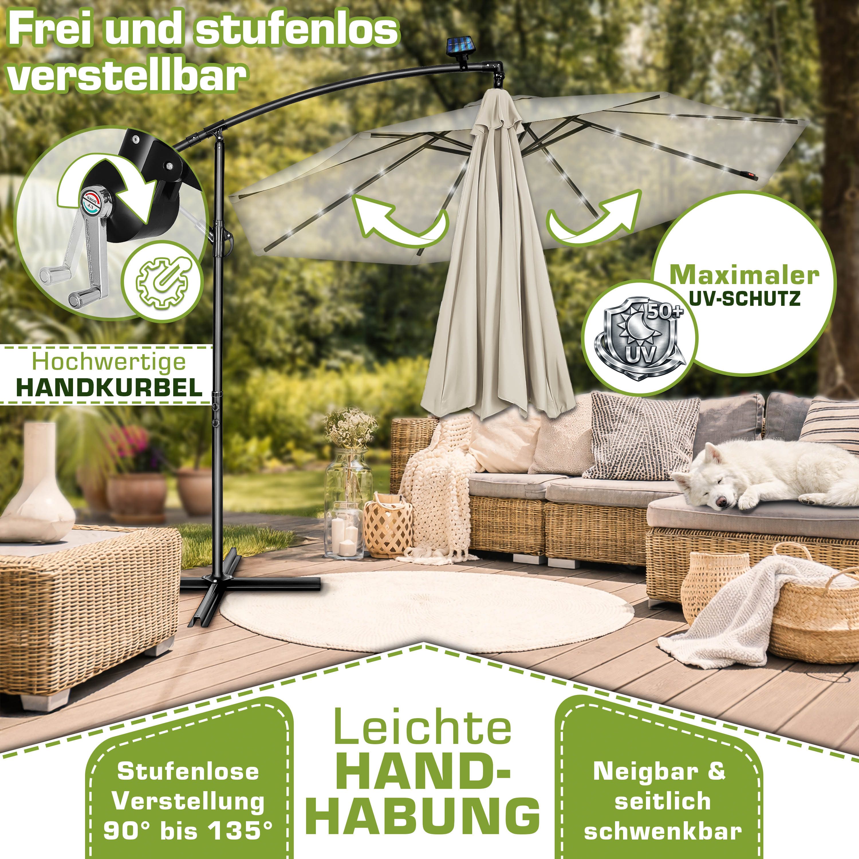 tillvex Sonnenschirm tillvex® Sonnenschirm LED Solar Ø 3m Ampelschirm Balkon Gartenschirm, Alu Ampelschirm + Abdeckung LED Solar Ø 350 cm mit Kurbel, Abdeckung  – Bild 3 von 5