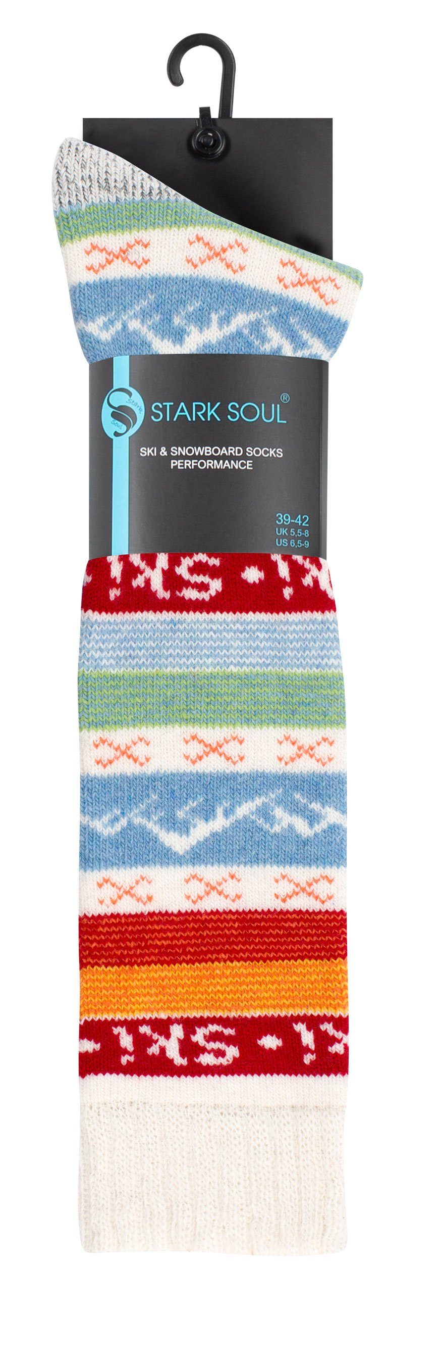 Wolle Norweger Stricksocken Ski mit wollweiß-rot Skisocken mit Stark - Strick-Kniestrümpfe schriftzug Skisocken Soul® HYGGÈ