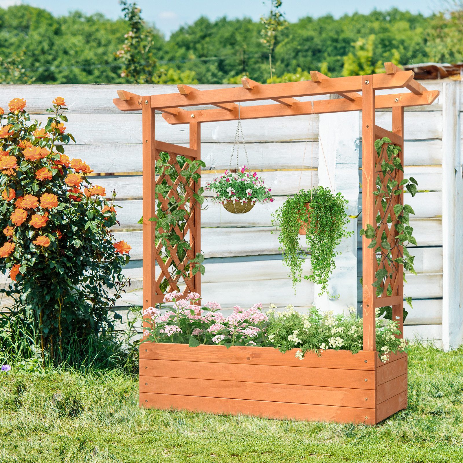 LALAHO Hochbeet Blumenkasten mit Rankhilfe Ablauflöchern, hängendes Dach, für Garten, Balkon, Terrasse, 110 x 45 x 113 cm