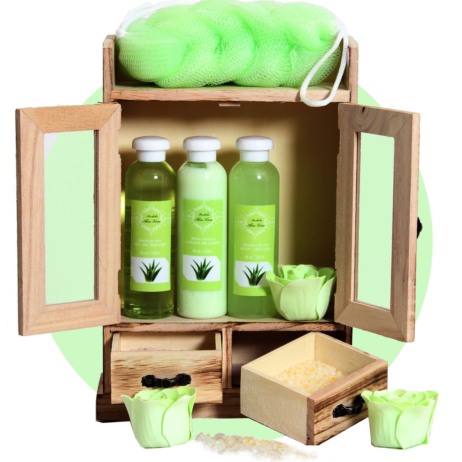 BRUBAKER Pflege-Geschenkset Aloe Vera - Dusch und Badeset - Set im Vintage Schränkchen aus Holz Damen Pflegeset, 10-tlg., Wellness Beauty Geschenk für Frauen - Reinigend und Pflegend