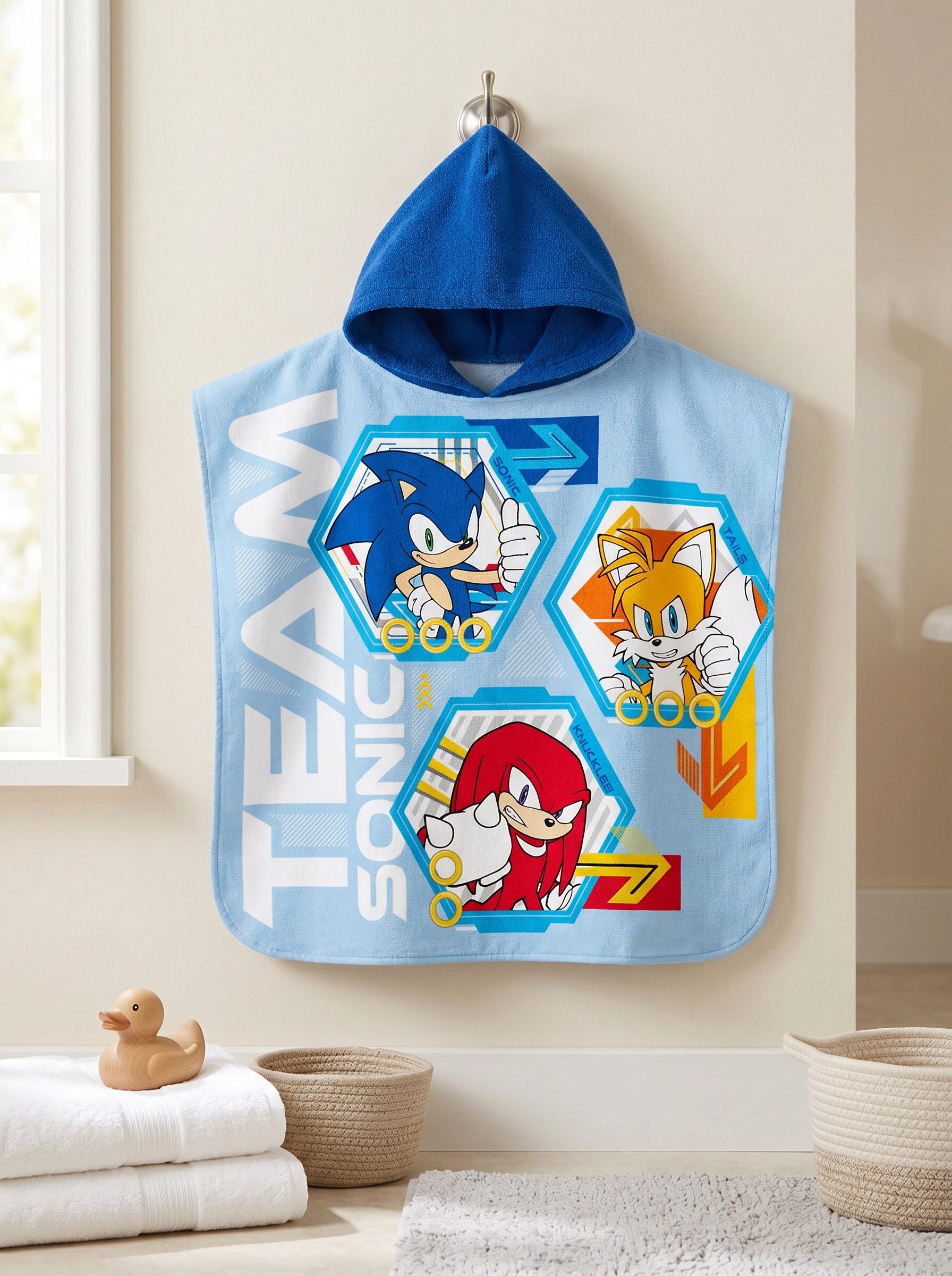 Sonic The Hedgehog Badeponcho Sonic The Hedgehog Kinder Poncho Badeponcho 100% Baumwolle, Baumwolle, Kapuze, Gr. 60x60 cm