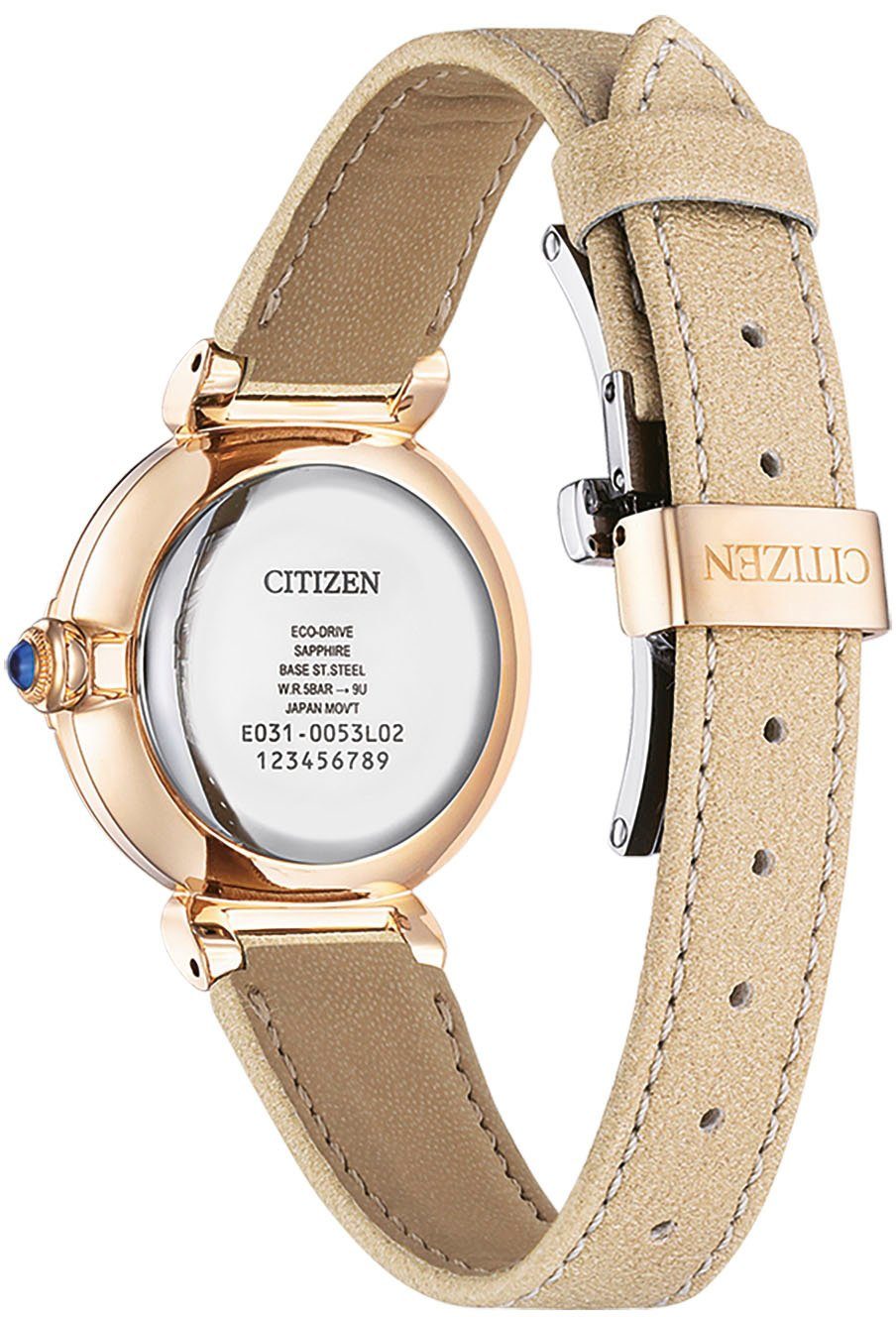 Citizen Solaruhr EM1073-18D, Armbanduhr, Damenuhr, Lederarmband, Saphirglas