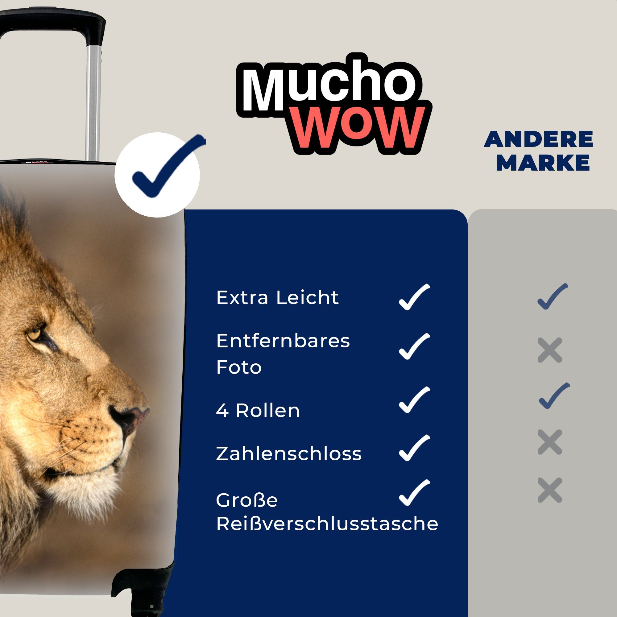Handgepäckkoffer MuchoWow Reisekoffer - Löwe Ferien, rollen, - Reisetasche für Afrika, Trolley, Profil Rollen, mit 4 Handgepäck