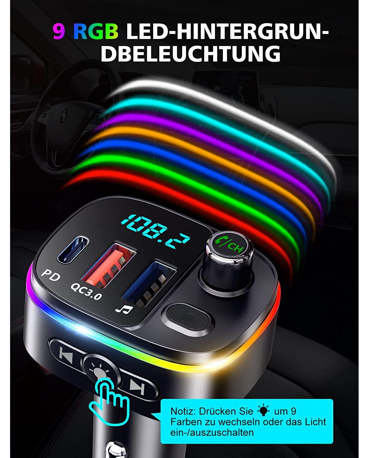 TUWENA Bluetooth Car Adapter, FM Transmitter for Car with 3 USB Ports