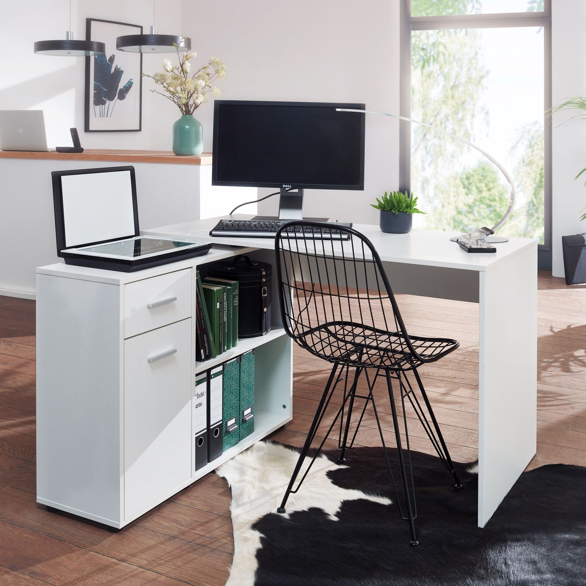 möbelando Schreibtisch Design Eckschreibtisch mit Regal Weiß 120 x 75,5 x 106,5 cm, Moderner, 107 x 75 x 120 cm (B/H/L)