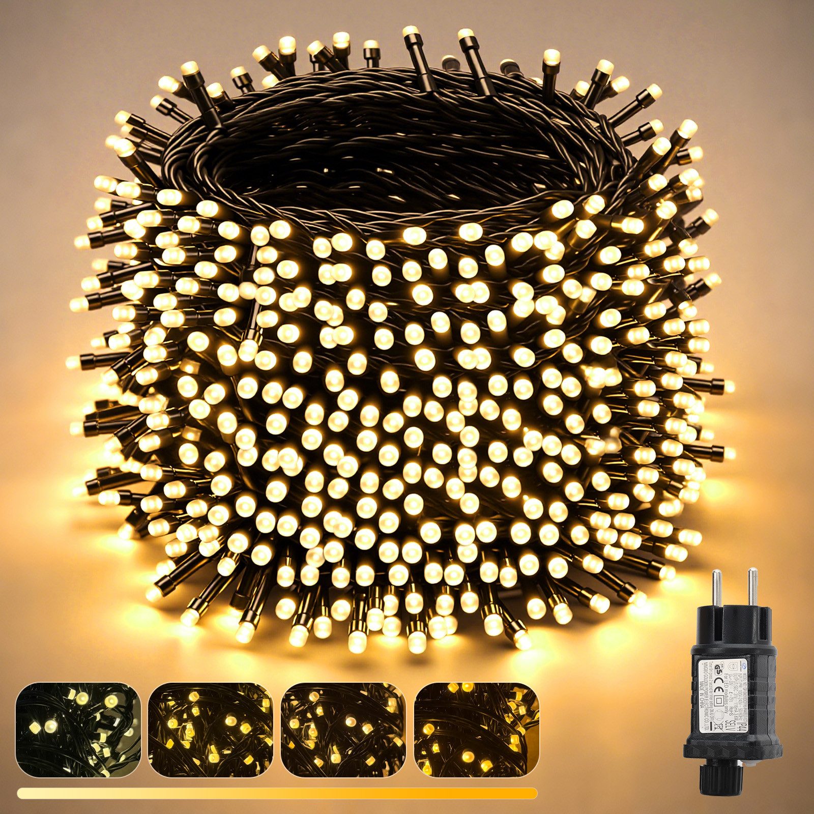 Salcar LED-Lichterkette LED Lichterkette Außen Weihnachtsbeleuchtung Weihnachtsdeko Warmweiß, 20m 300er LED, 9 Modi, Warmweiß bis Gelb(2800K-1800K) Dimmbar