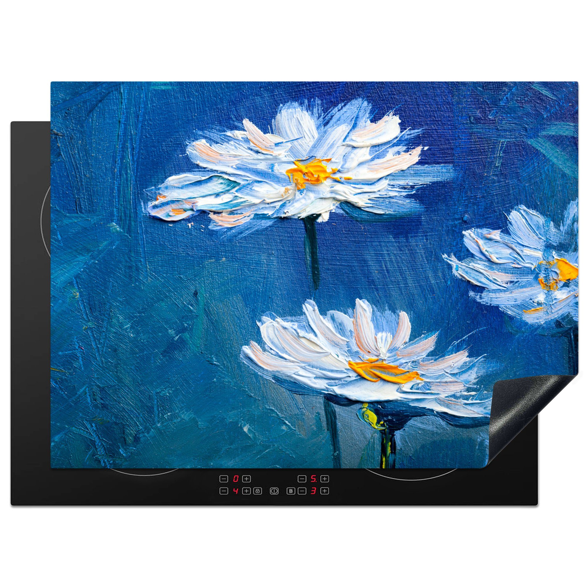 MuchoWow Herdblende-/Abdeckplatte Gemälde - Ölfarbe - Blumen - Blau, Vinyl, (1 tlg), 70x52 cm, Mobile Arbeitsfläche nutzbar, Ceranfeldabdeckung