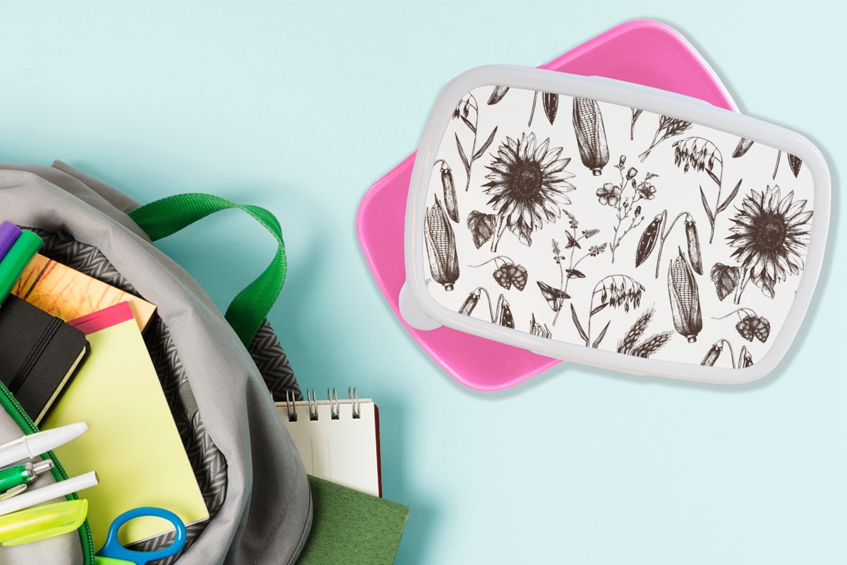 MuchoWow Lunchbox Snackbox, - Weiß, Mädchen, Kunststoff, rosa Kinder, - Brotbox - Kunststoff (2-tlg), für Schwarz Muster Erwachsene, Brotdose Pflanzen