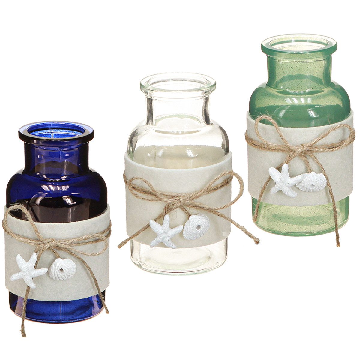 DIJK Dekofigur Maritime Flaschenvasen Set Blau Grün Weiß Filz Blumen 12,5cm, 3 Stück