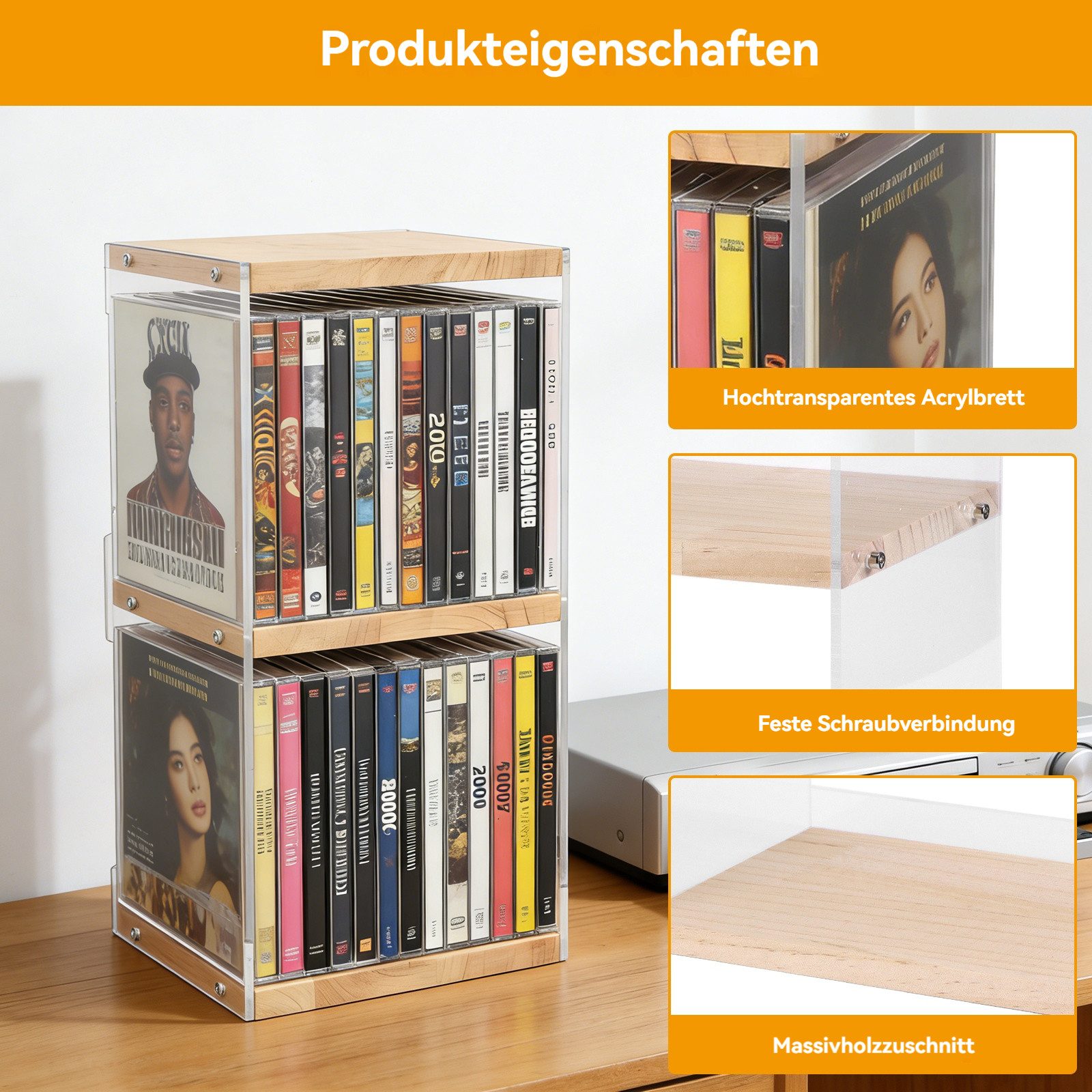 BlingBin CD-Regal 2-stufiger CD-Halter aus Holz und Acryl, CD-Aufbewahrung, 1er Set 1-tlg., Schreibtisch-Organizer für CDs, DVDs und Schallplatten, bis zu 40 CD – Bild 5 von 5