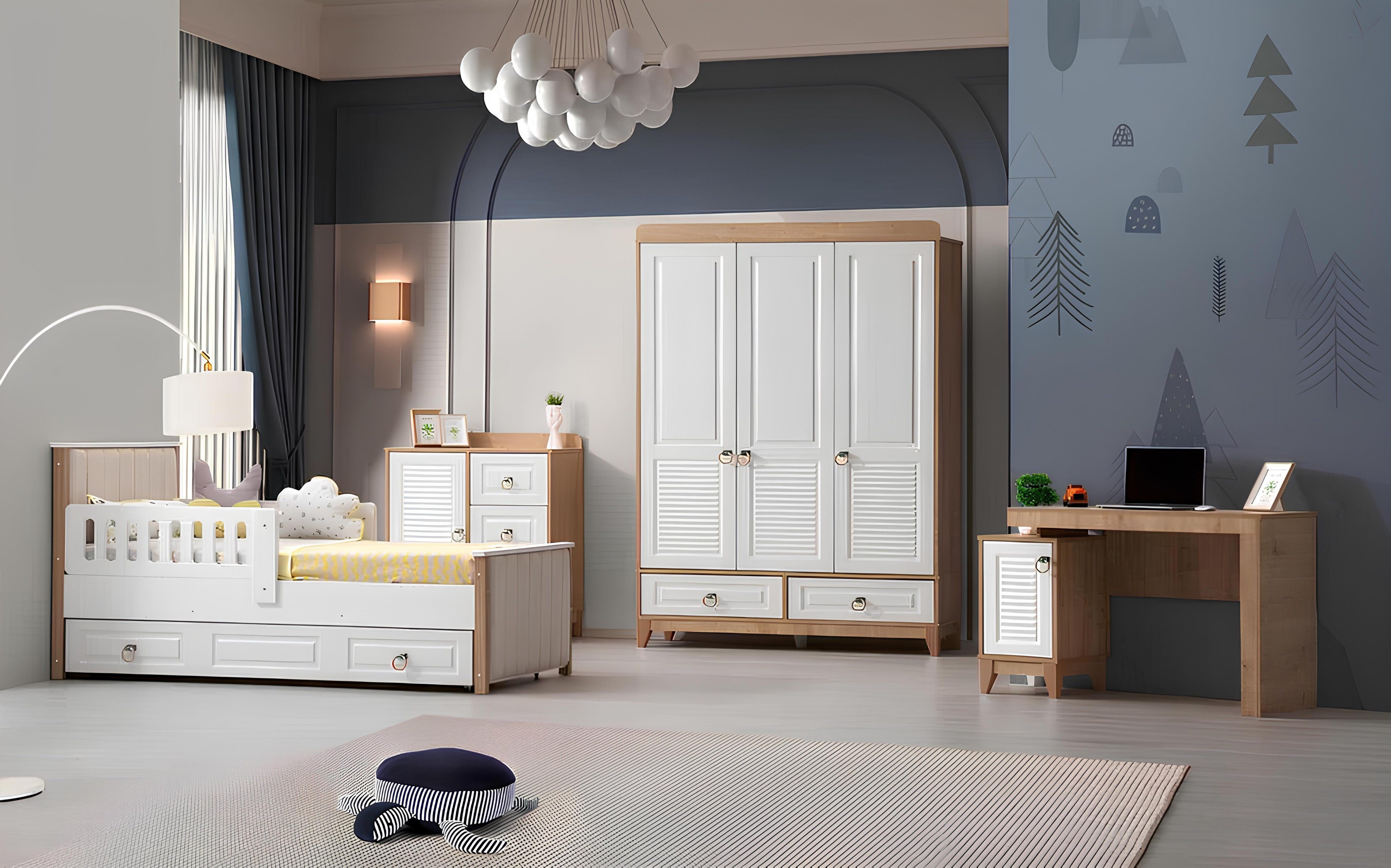 Jugendzimmer-Set Luxuriöses Kinderzimmer-Set aus Holz in Weiß und Grau