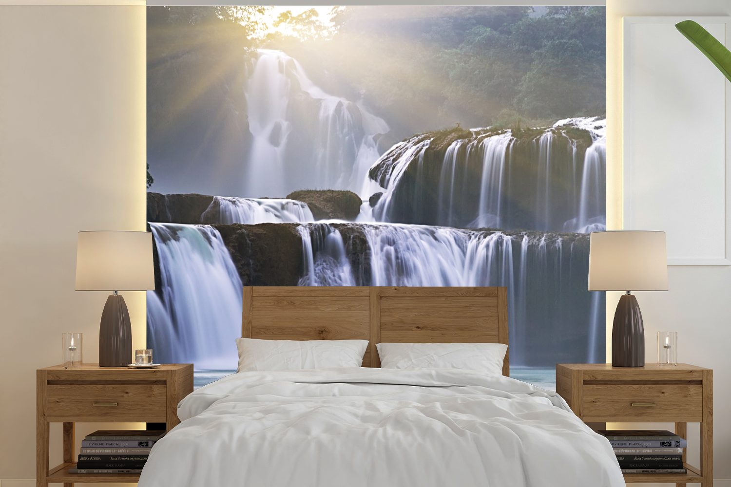 oder Fototapete Wasserfall - Schlafzimmer, Felsen bedruckt, - Matt, für Vinyl Natur, (5 Tapete MuchoWow Wandtapete St), Wohnzimmer