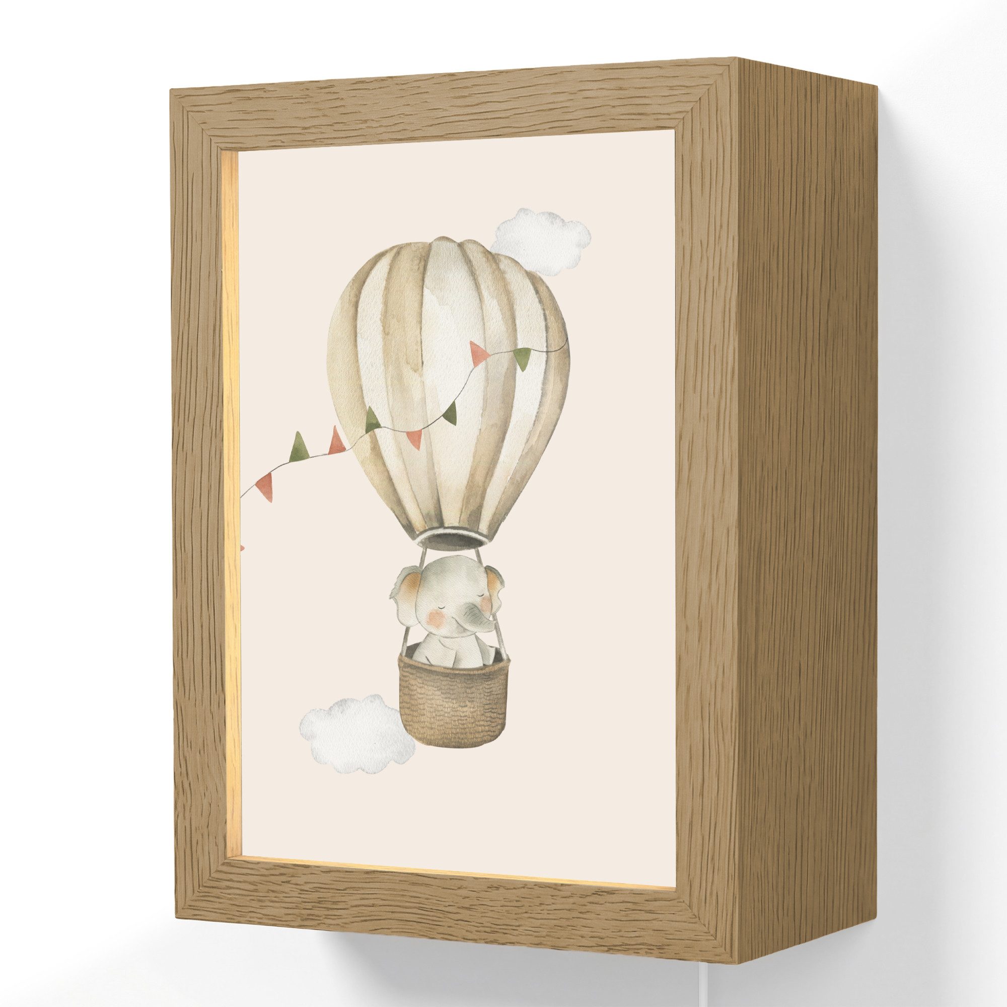 OnlyWow Wandleuchte Lightbox Heißluftballon - Elefant - Aquarell - Beige - Tiere - Mädchen, Dimmbar, Farbwechsel, LED, Warmweiß, Kaltweiß, Neutralweiß Einstellbar, Wandlampe Innen, Dimmbar, mit Kabel, LED, Beleuchtung, Kinderzimmer
