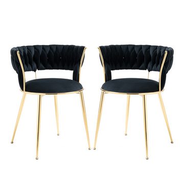 IDEASY Esszimmerstuhl Set aus 2 Samt-Esszimmerstühlen mit Armlehnen, gewebter Rückenlehne, und goldfarbenen Metallbeinen für Esszimmer, Wohnzimmer