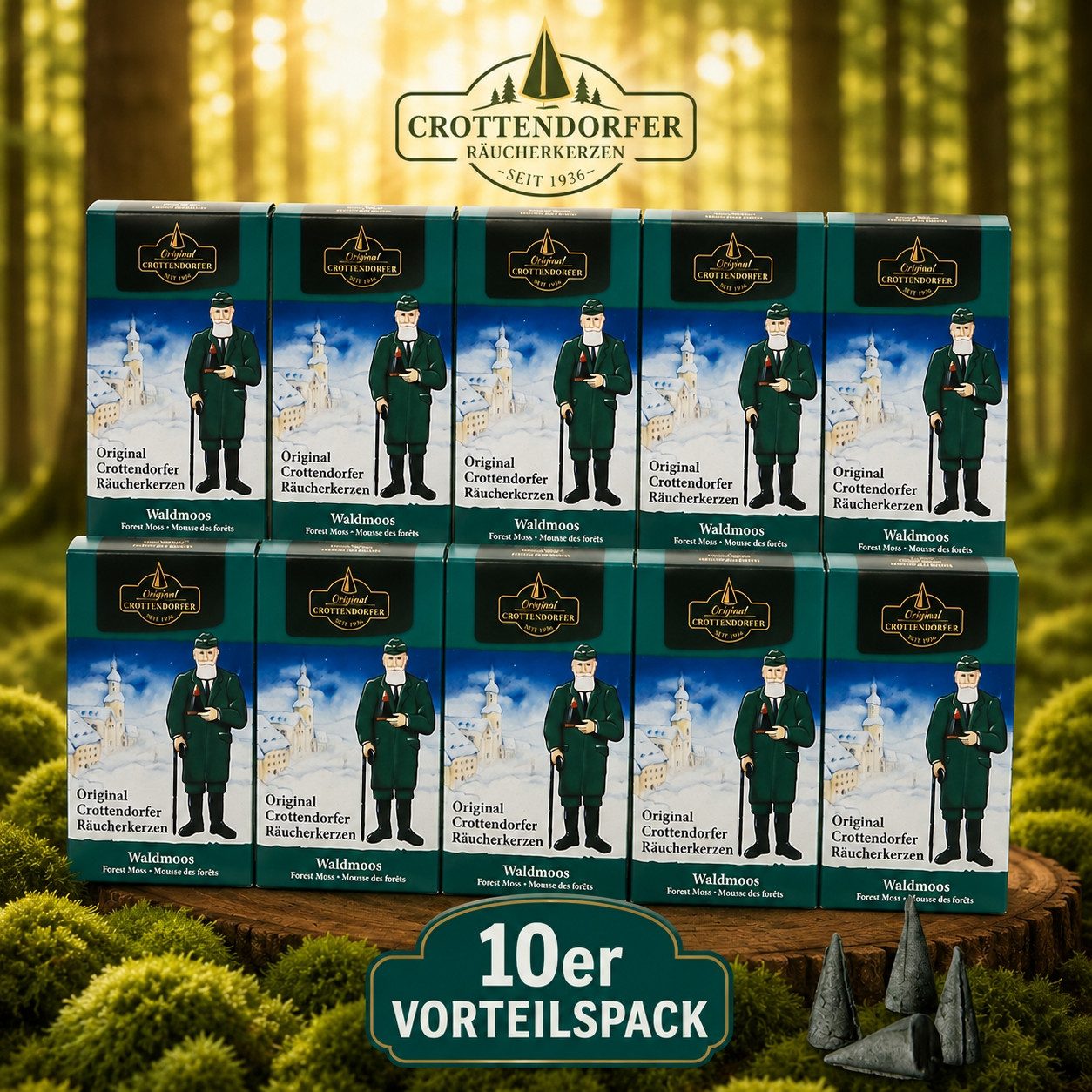Crottendorfer Räucherkegel Crottendorfer Räucherkerzen 10er-Pack Waldmoos (Packung, 10-St., Vorteilspack), 100% Made in Germany
