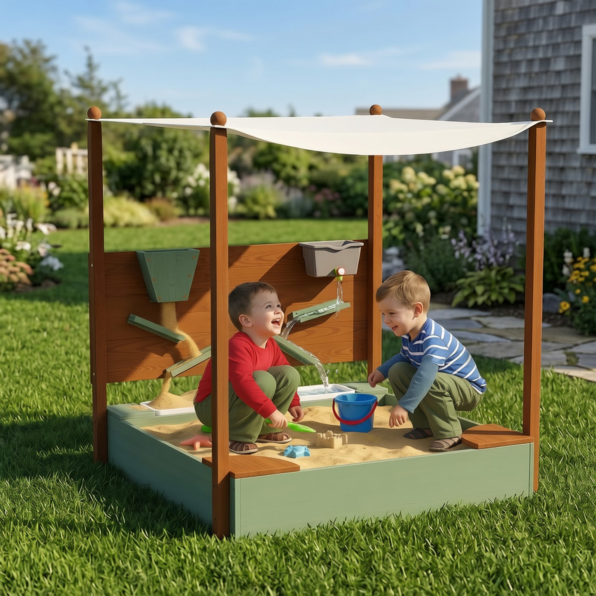 AIYAPLAY Sandkasten Sandbox mit Sandspielzeug Sitzbänken Bodenvlies für Outdoor Garten, (Sandkiste aus Holz, 1-tlg., 116 x 112,5 cm Sandbox mit Dach), für 3-6 Jahre Kinder Grün