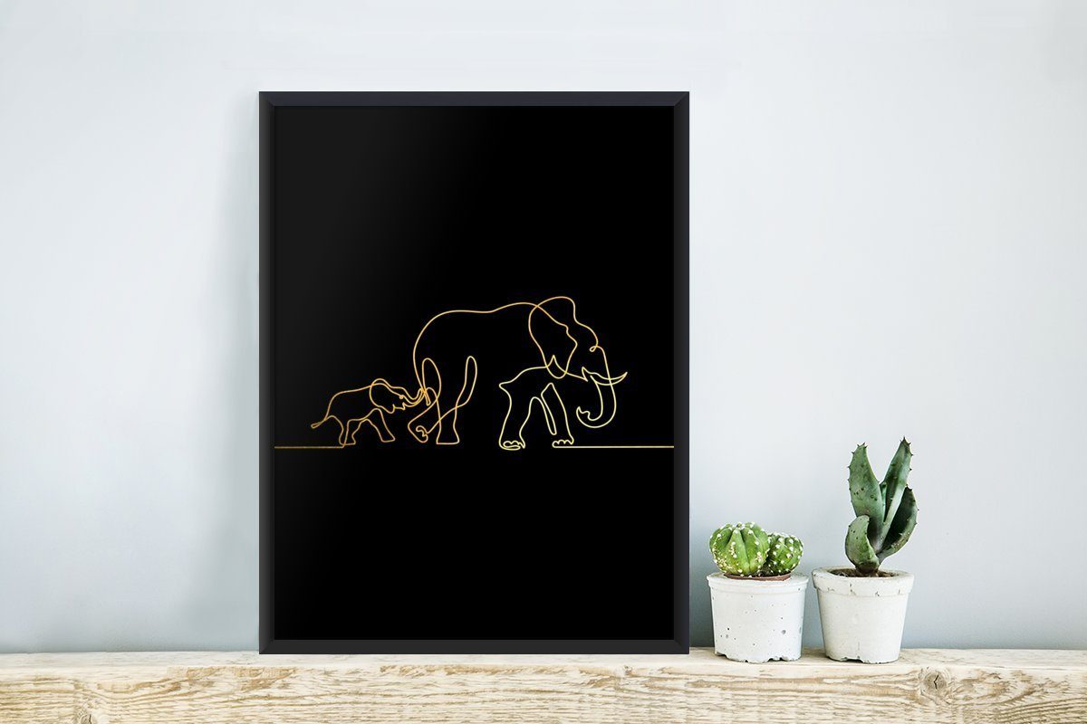 MuchoWow Poster Elefant - Einfach - (1 Gerahmtes Poster, Schwarz, Bilder, Bilderrahmen Wandposter, - Gold Schwarzem St), Wanddeko