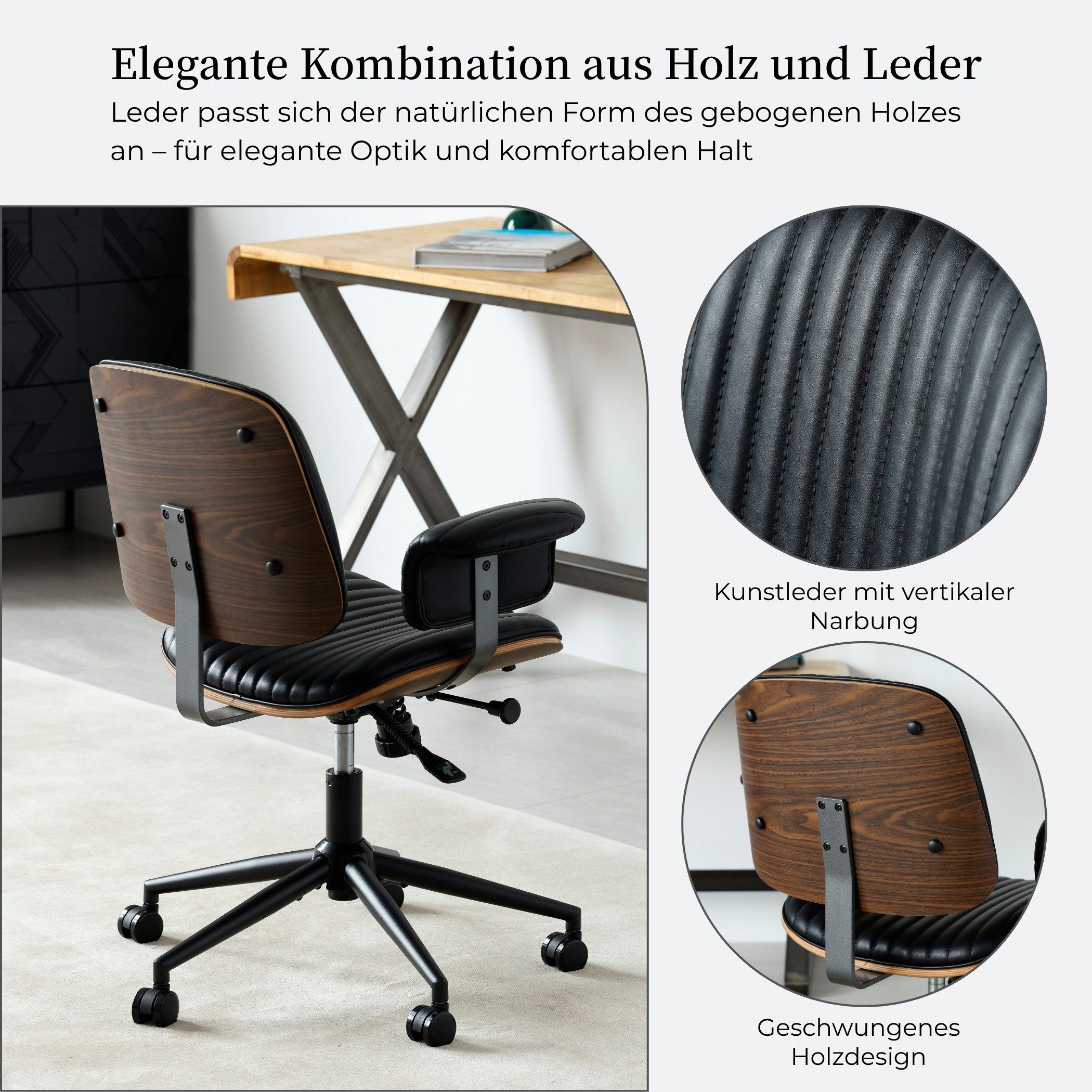 SeedWave Bürostuhl Ergonomischer Drehstuhl Wippbar mit Gebogener Holzschale & Armlehnen, Industrial Design, Kunstleder Home office chair mit leisen Rollen