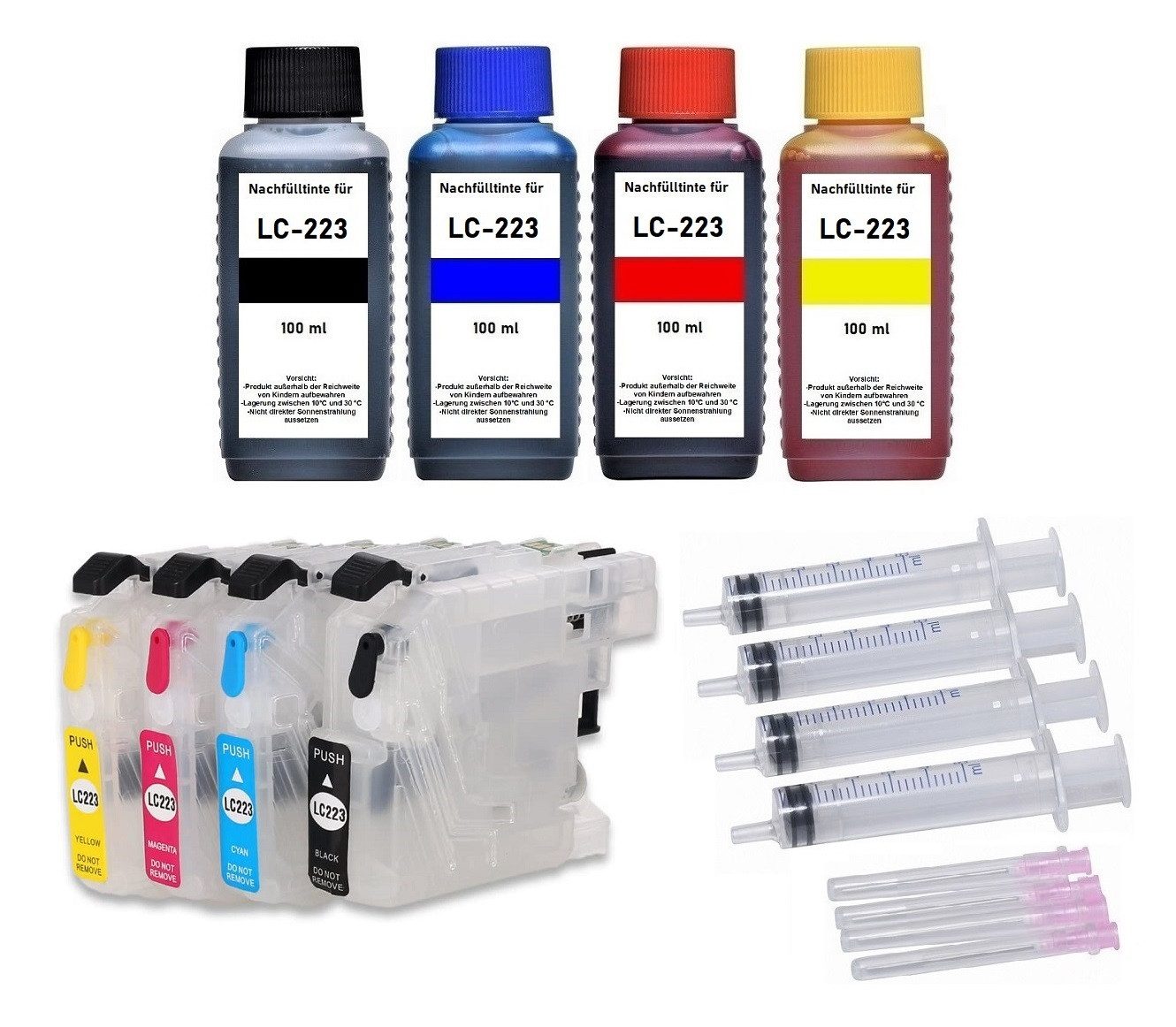 inkpro nachfüllbare Druckerpatronen LC-223 + 400 ml Nachfülltinte (für Brother, für Brother DCP-J4120, J562, MFC-J1140, J1150, J1170, J1180, J4420, J4425, J4620, J4625, J480, J5320, J5620, J5625, J5720, J680, J880, x, incl. allem notwendigen Zubehör und Befüllanleitung)