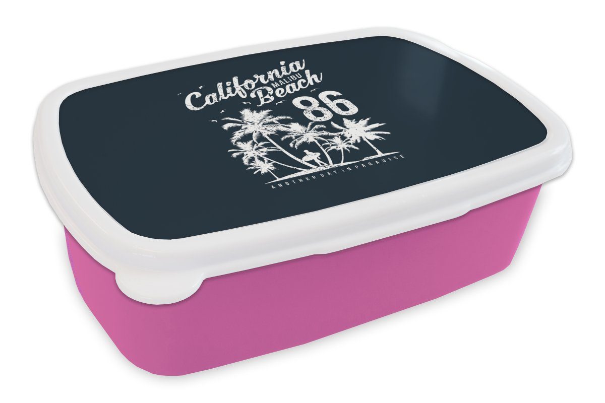 Erwachsene, Mädchen, MuchoWow Brotbox Kunststoff, - Kunststoff Lunchbox Jahrgang, Strand rosa - Palme Snackbox, Kinder, (2-tlg), für Brotdose