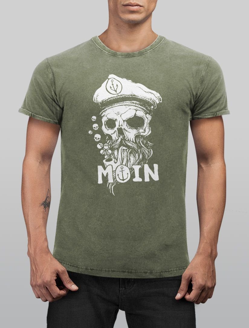 oliv Totenkopf Aufdruck Neverless® Moin Neverless Vintage Anker Herren Bart T-Shirt Printshirt mit Kapitän Hamburg Shirt Print Print-Shirt Used Look