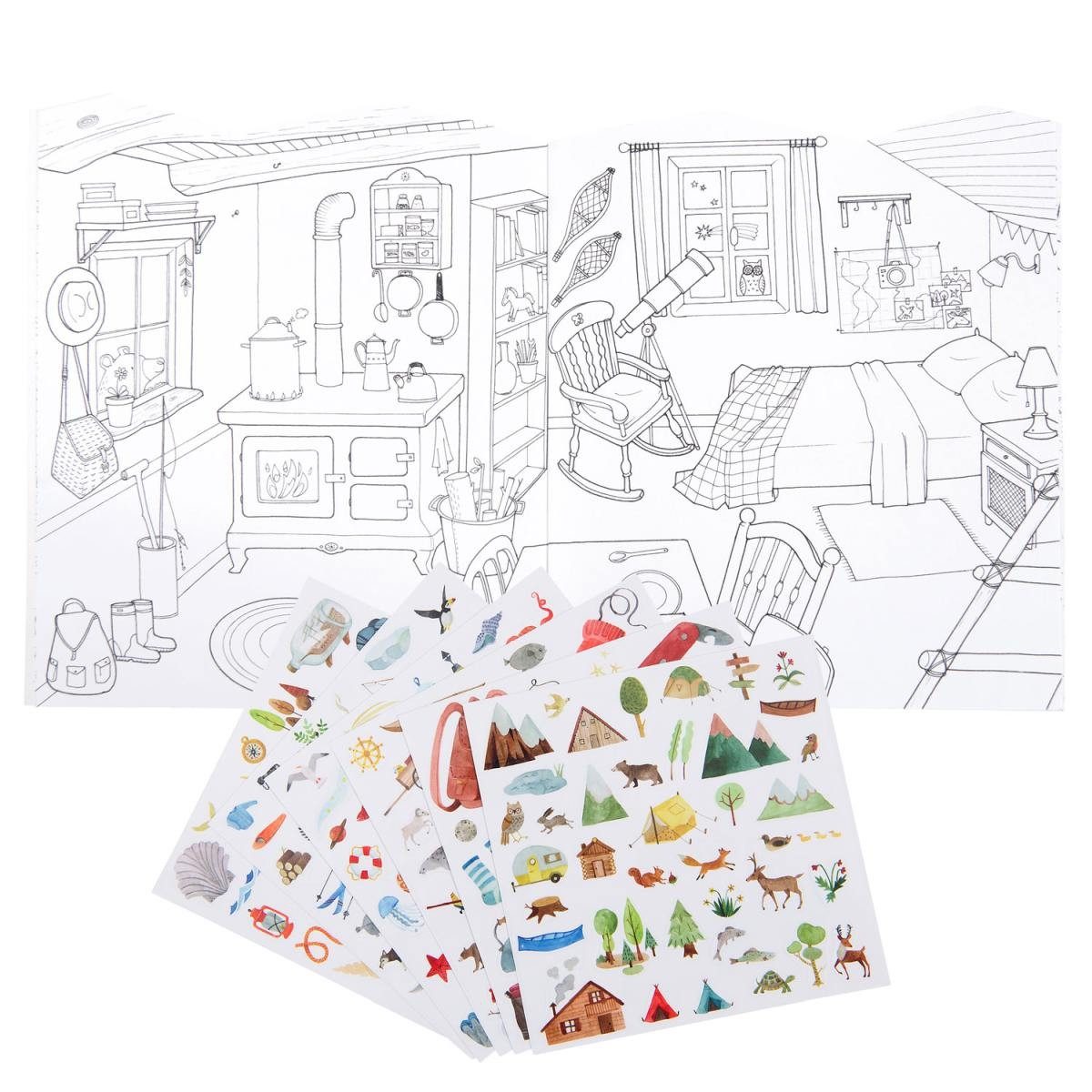 Moulin Roty Malvorlage Mal- und Stickerbuch L'explorateur für kreative Kinder zum Ausmalen (Set), Mal- und Stickerbuch