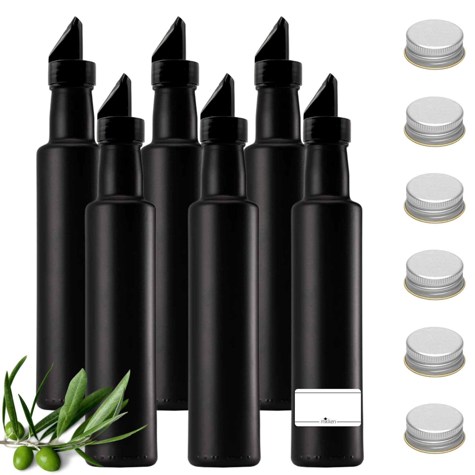Ölspender 6x Ölflasche 250ml mit Ausgießer schwarze leere Glasflasche +Etiketten