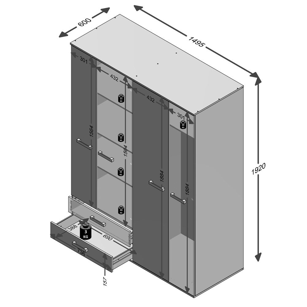 Lomadox Kleiderschrank LEEDS-10 Sandeiche Nb./weiß/Lava/Denim 149,5x193x59,7 cm – Bild 4 von 5