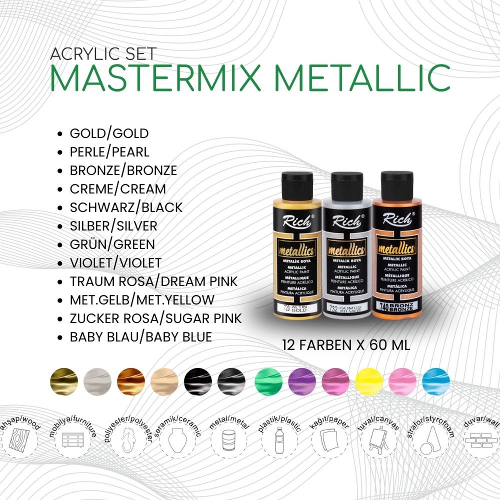 RICH Acrylfarbe RICH MASTERMIX Metallic Acrylfarben-Set 12 Farben - 60 ml, Intensive Deckkraft, geeignet für Künstler jeder Erfahrungsstufe