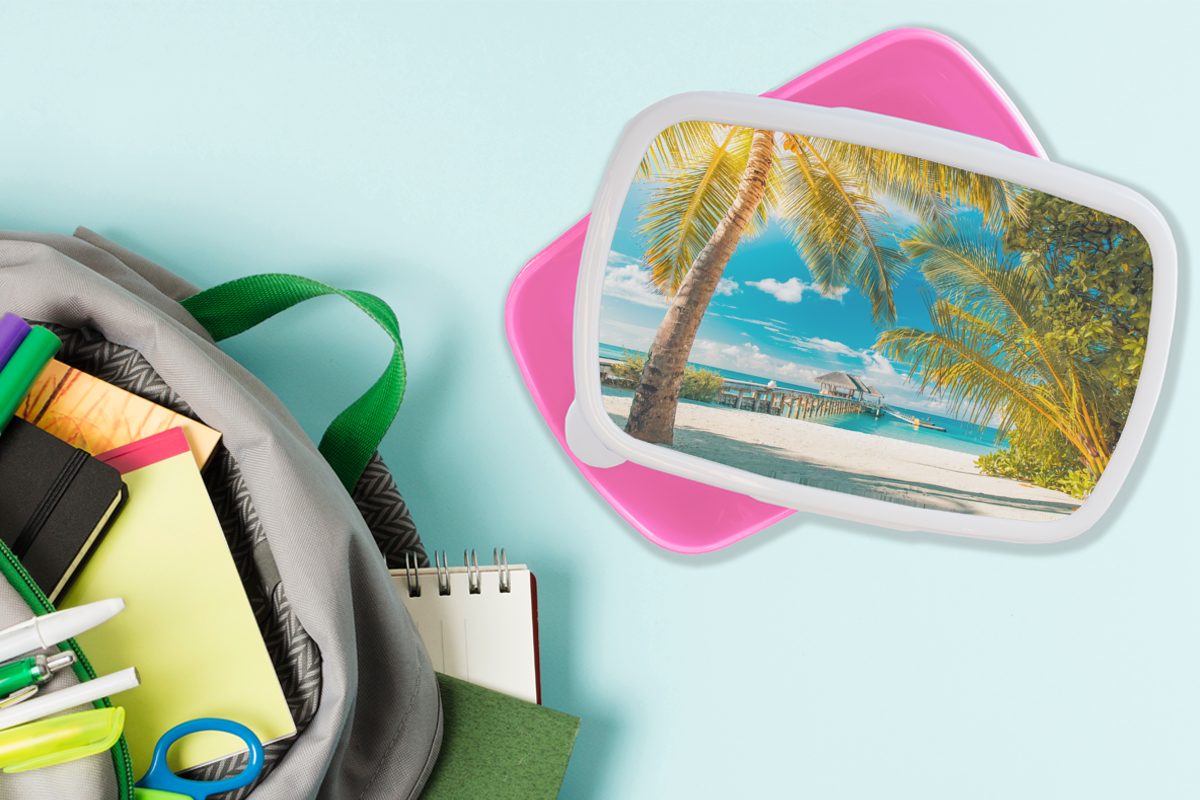 rosa Tropisch - Brotdose Mädchen, Strand Kunststoff, für Palme, Kunststoff Kinder, Brotbox MuchoWow Snackbox, Erwachsene, Lunchbox - (2-tlg),