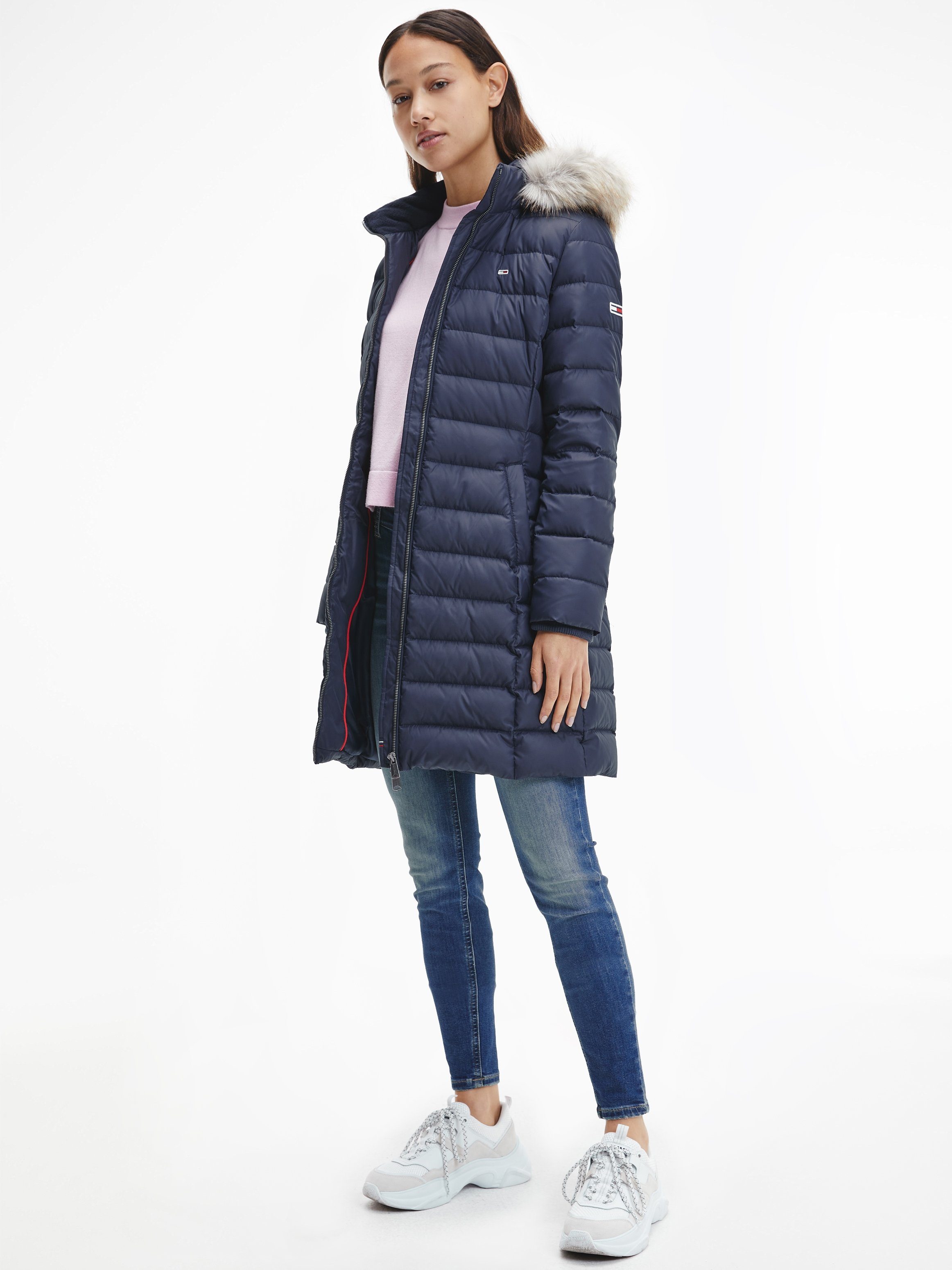 Tommy Jeans Daunenmantel TJW ESSENTIAL HOODED DOWN COAT mit abnehmbarem Fellimitat an der Kapuze Twilight Navy