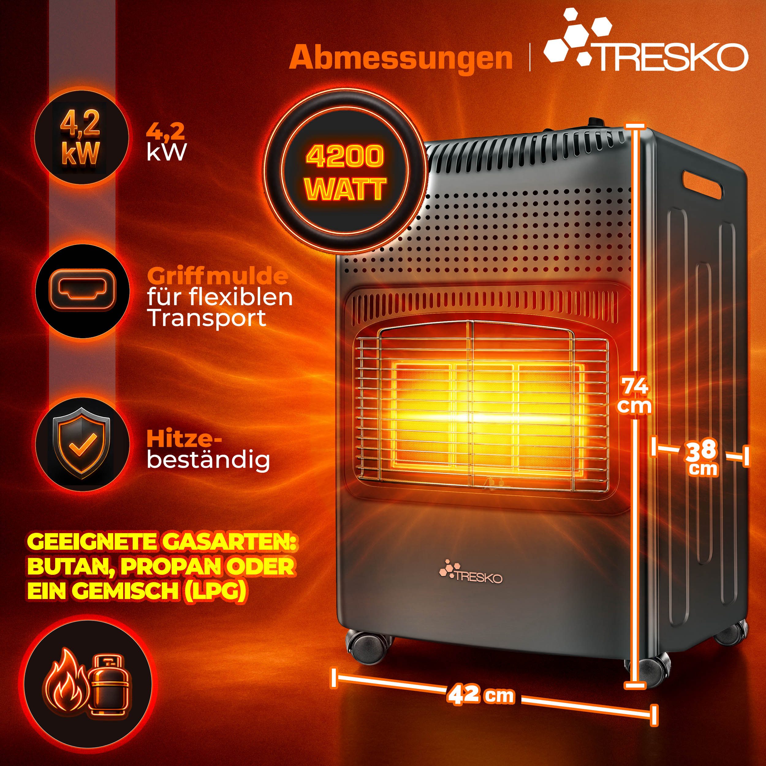 TRESKO Heizstrahler 4200 W Gasheizung + Abdeckung Gasheizer 3 Stufen Gasofen Gasheizofen – Bild 2 von 5