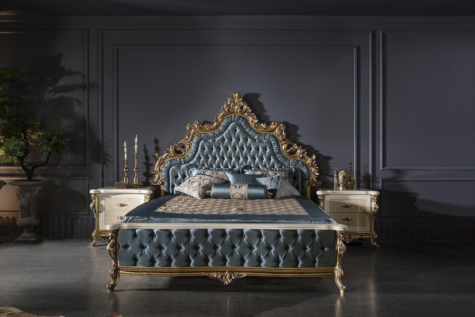 2x Schlafzimmer (3-St., Nachttischen) mit Bett Chesterfield x2 Set Blau Schlafzimmer-Set Nachttische, Bett JVmoebel Klassisches