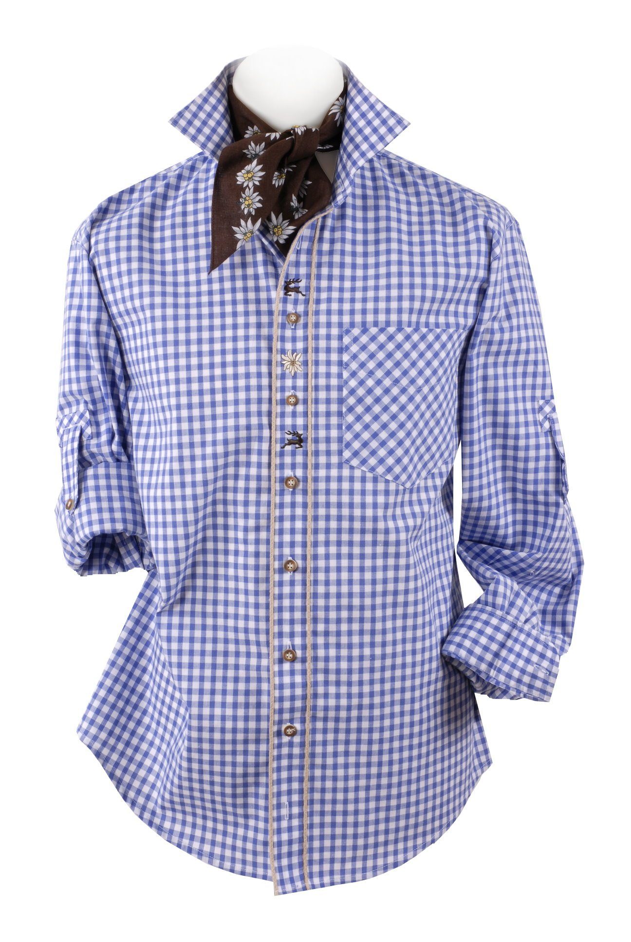 Moschen-Bayern Trachtenhemd Trachtenhemd Herren Edelweiß kariert Karo Hirsch Langarm Kurzarm Blau