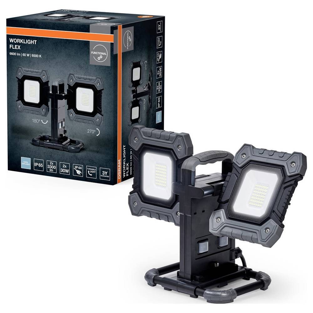 Osram Deckenleuchte Baustrahler, LED-Flutlichtstrahler LED 60 W Kaltweiß, Tageslichtweiß, 2fache Lichtquelle, Flexibel, Mit Schalter, Mit Tragegriff, Schwenkbar