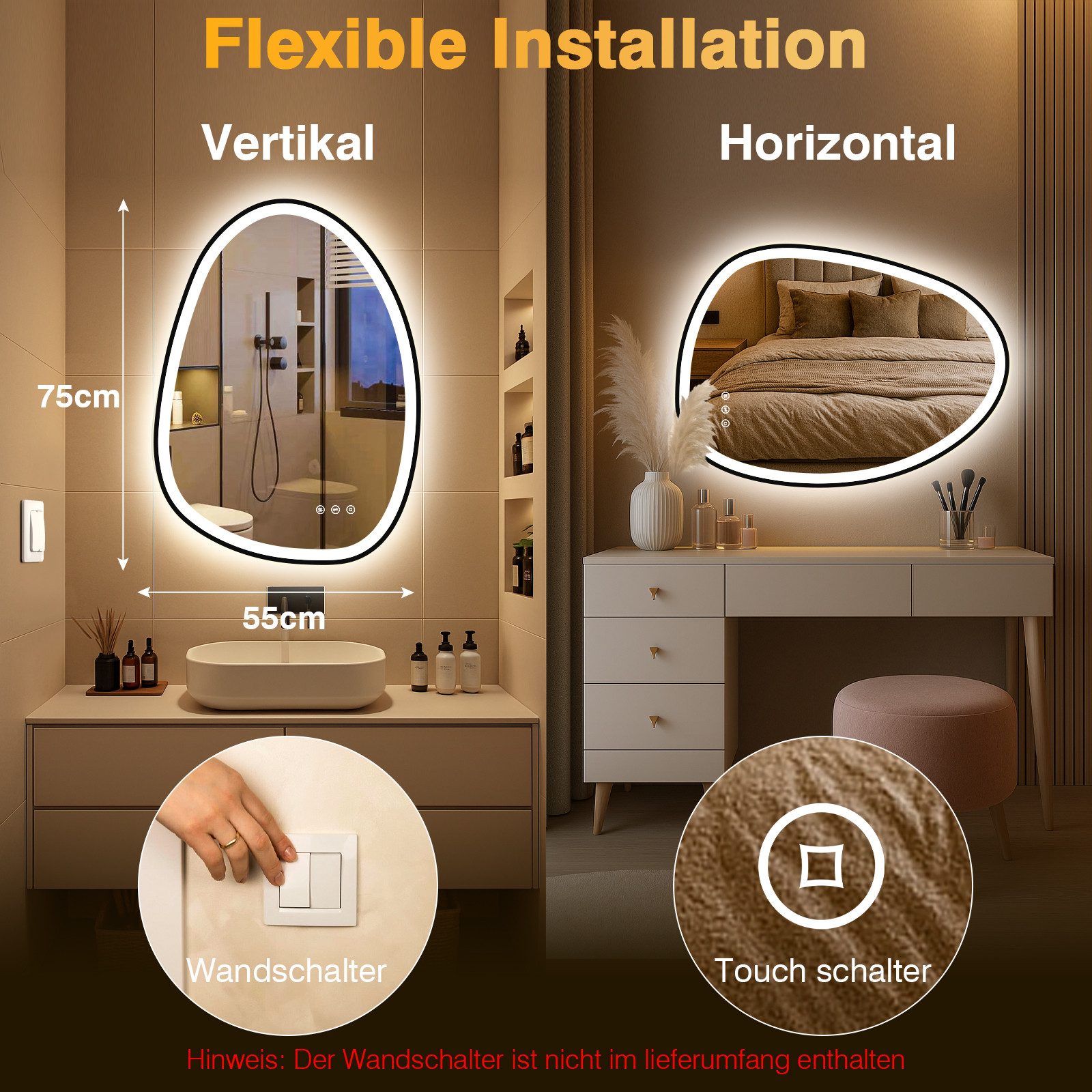 PESENXAN Badspiegel Asymmetrischer Spiegel mit LED-Beleuchtung - Dimmbar, 3 Lichtfarben (1-St), Badezimmerspiegel mit Memory-Funktion, Beschlagfrei, Energiesparend