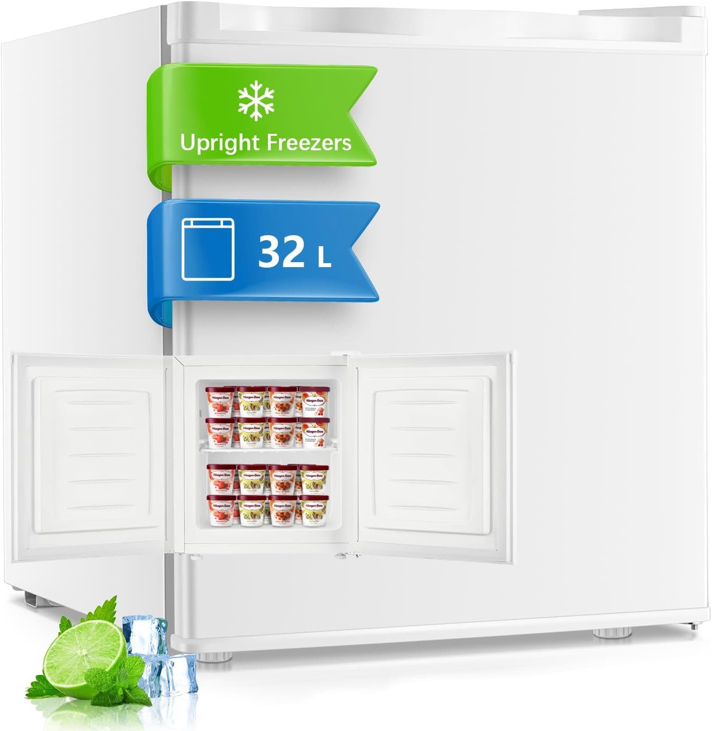 FOHERE Gefrierschrank Mini Freezer 32L, Gefrierbox, -22°C perfekt Tiefkühlen, 43DB, 49.8 cm hoch, 47.3 cm breit, Türanschlag, verstellbare Füße und herausnehmbare Einlegeböden