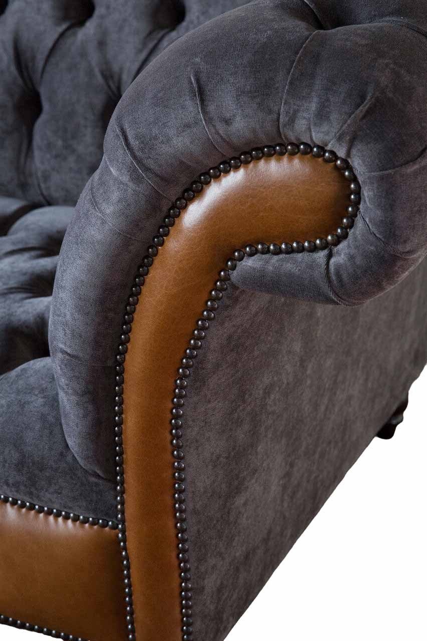 JVmoebel Chesterfield-Sofa AUS SCHIEFERGRAUEM HANDGEFERTIGTES SAMT BRAUNEM UND 3-SITZER-SOFA