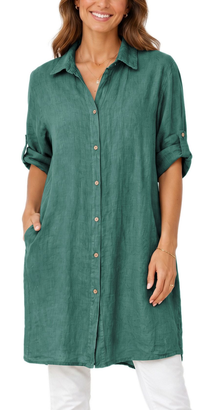 dy_mode Longbluse Damen Leinen Longbluse Sommer Hemdbluse Blusenkleid Luftige Tunika in Unifarbe, mit Knopfleiste