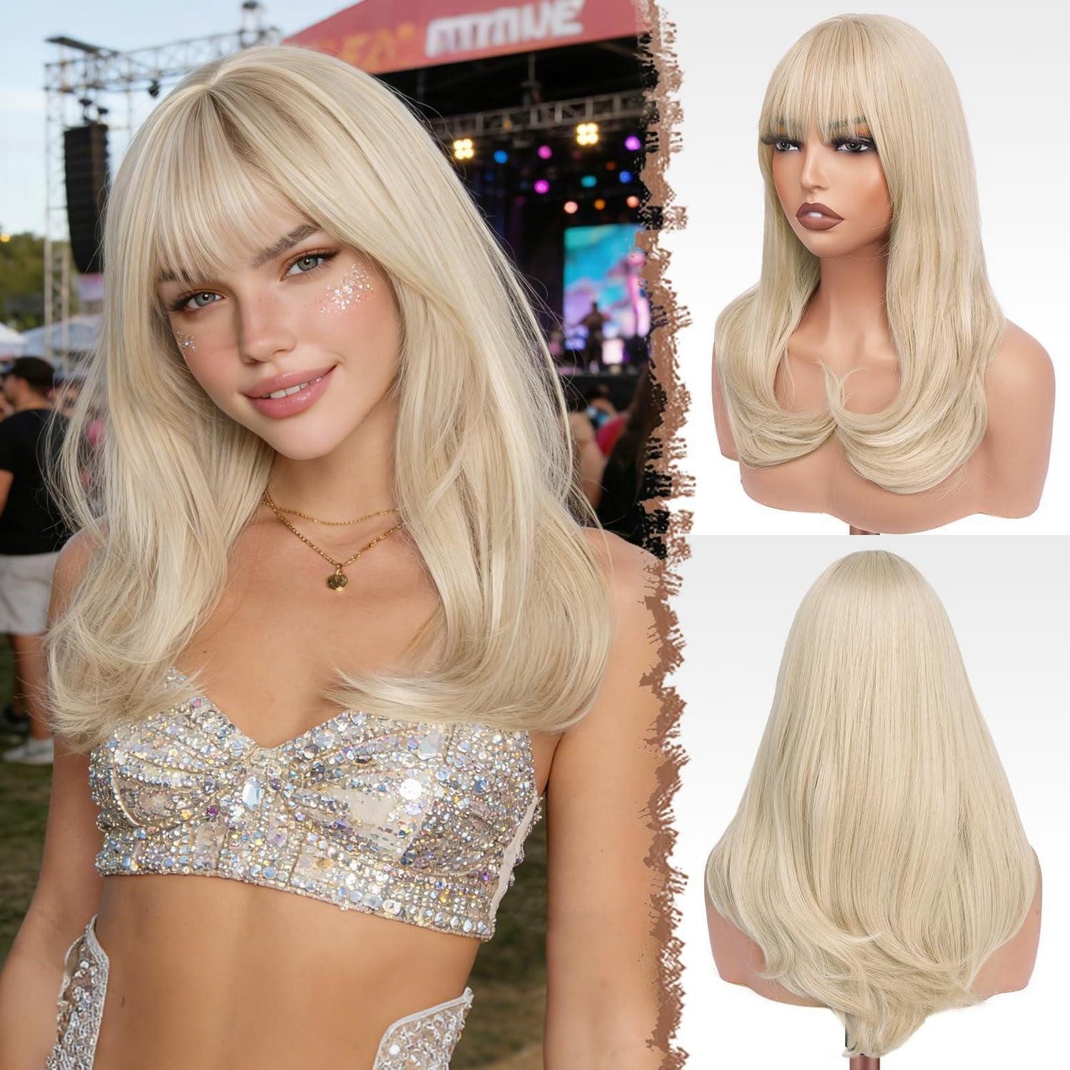 LuxusKollektion Kunsthaarperücke Perücke Lang Pony Damen Synthetik Cosplay Karneval 45cm Hellblond