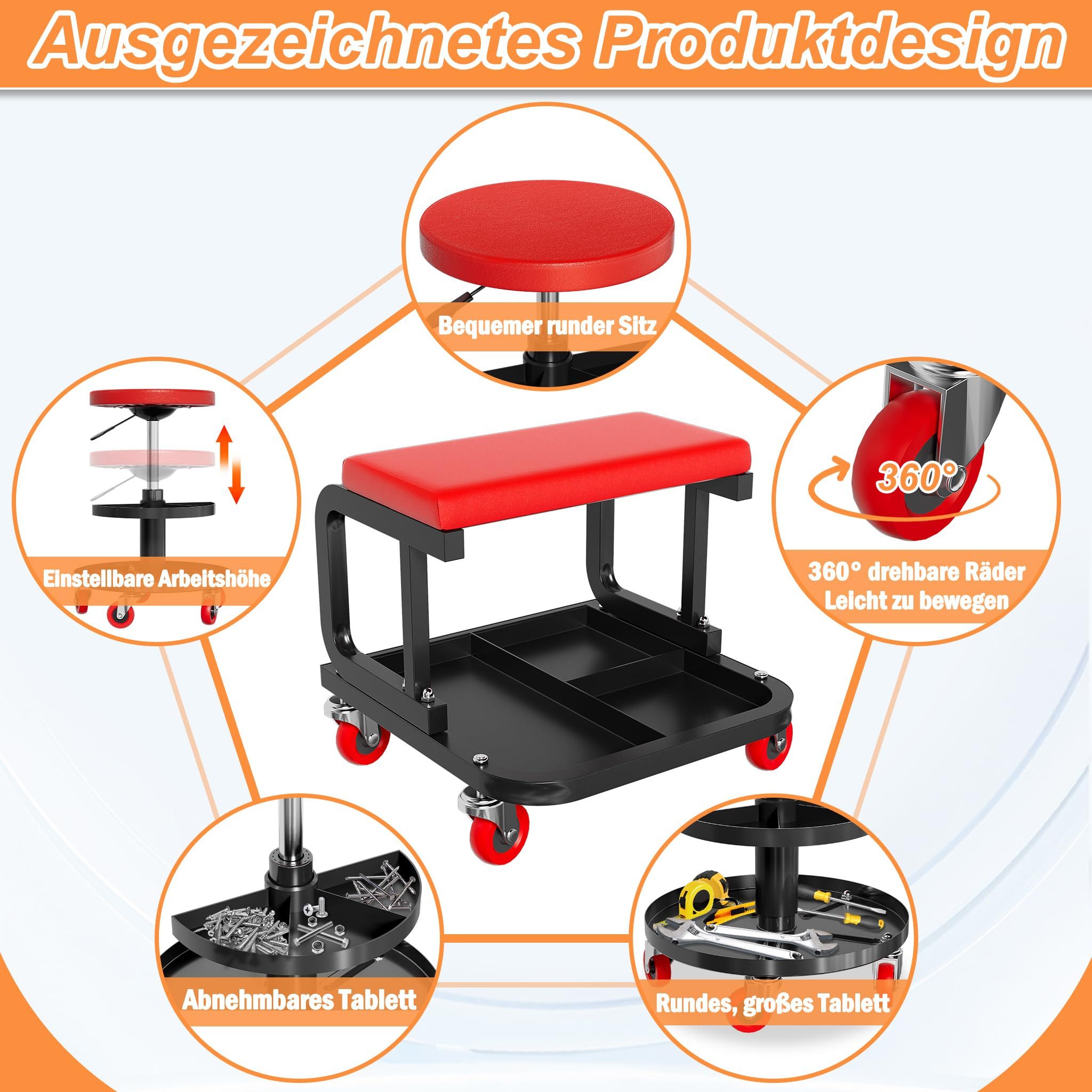 FIVMEN Werkstatt-Set Rollbrett Werkstatthocker Rollsitz Montageliege mit 360° Rollen, Montagehocker Garagenhocker inkl. Aufbewahrungsbox Paletten