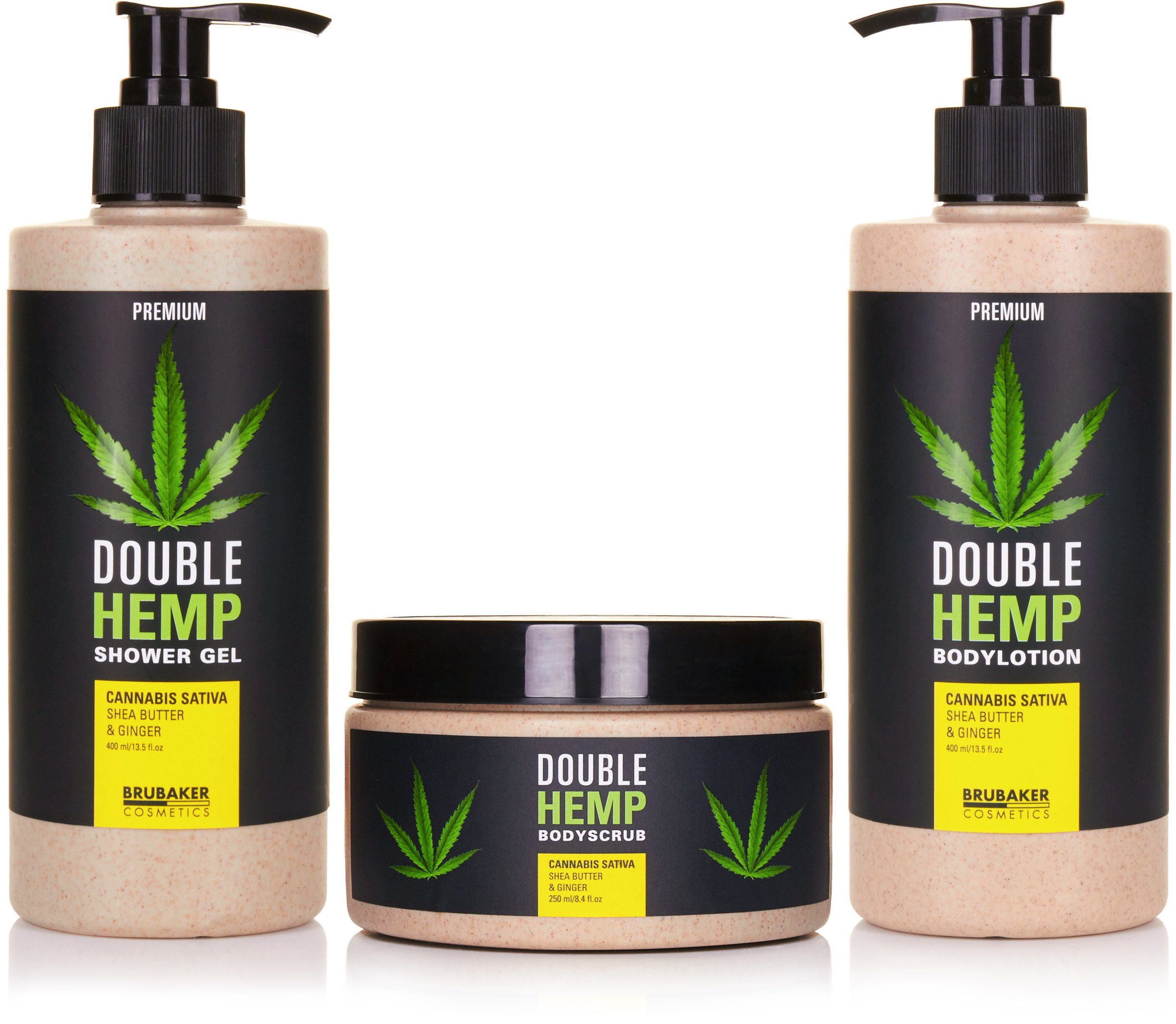 BRUBAKER Pflege-Geschenkset Dusch- und Badeset mit Shea Butter & Ingwer Duft, Wellness Geschenkset, 5-tlg., Hanf Beautyset für Frauen mit Deko-Tablett aus Holz, Damen Pflegeset